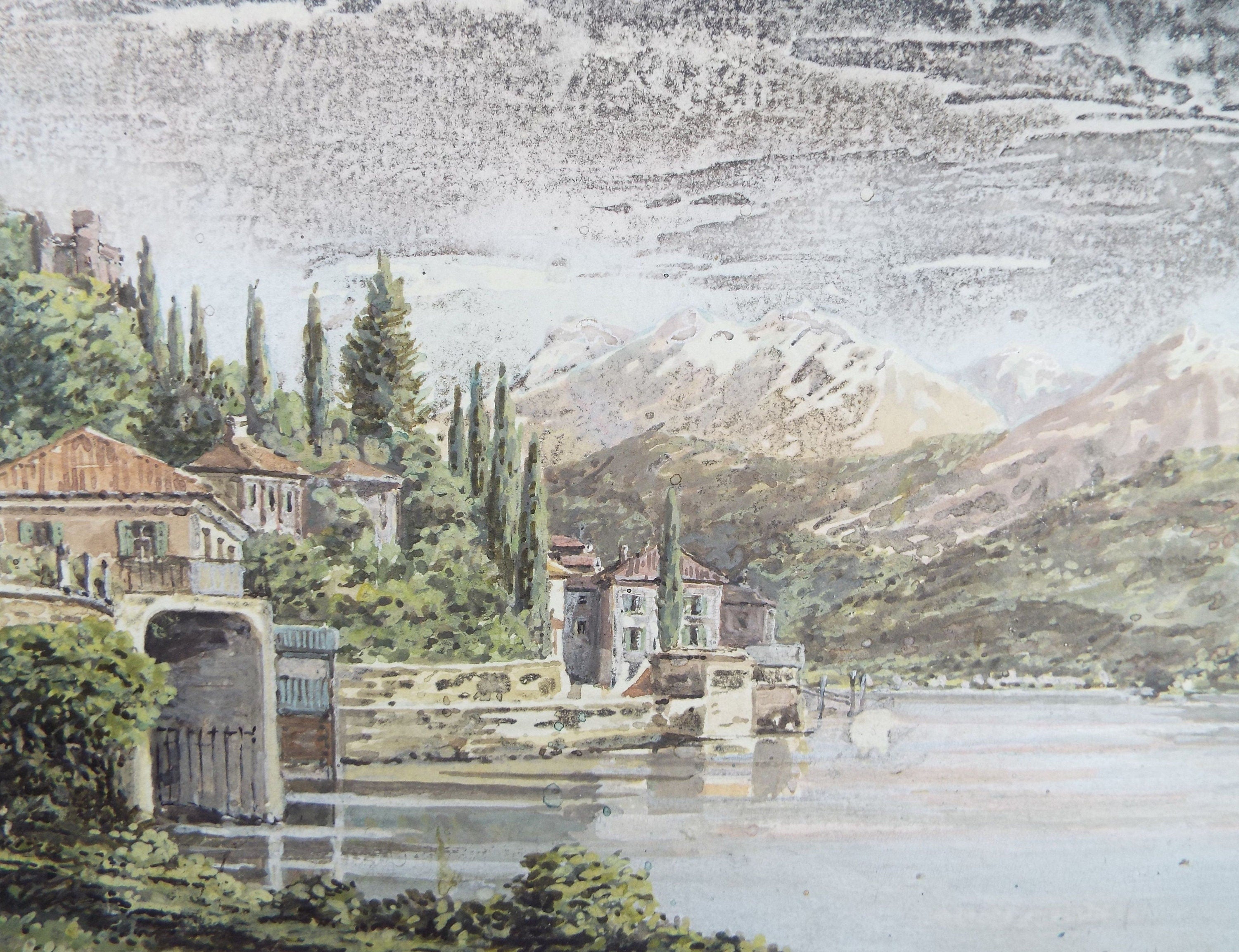 Original Watercolour, late 19th Century , 'Villas on Lake' Artist Unknown