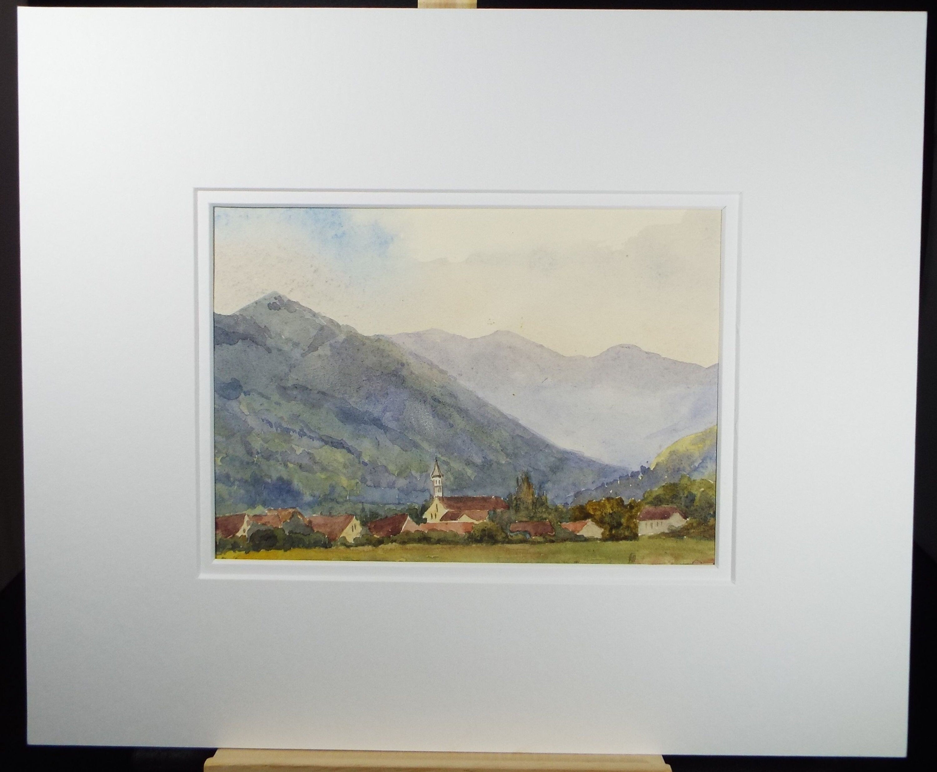 Original Watercolour, late 19th Century , 'Village Below the Mountain ',Artist Unknown