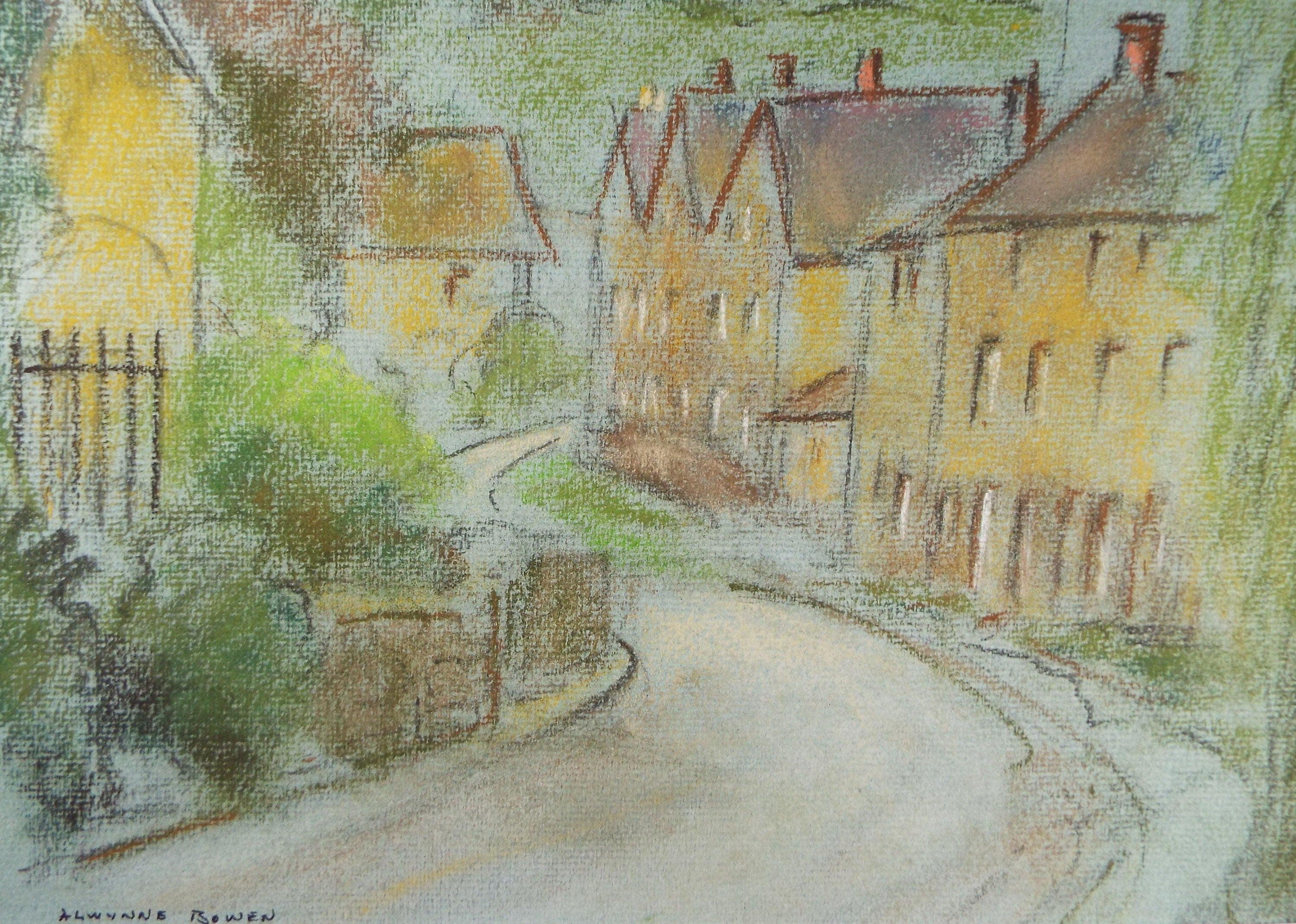 Original Pastel, 'A Village Street', c1970's, Alwynne Bowen 1904-1987