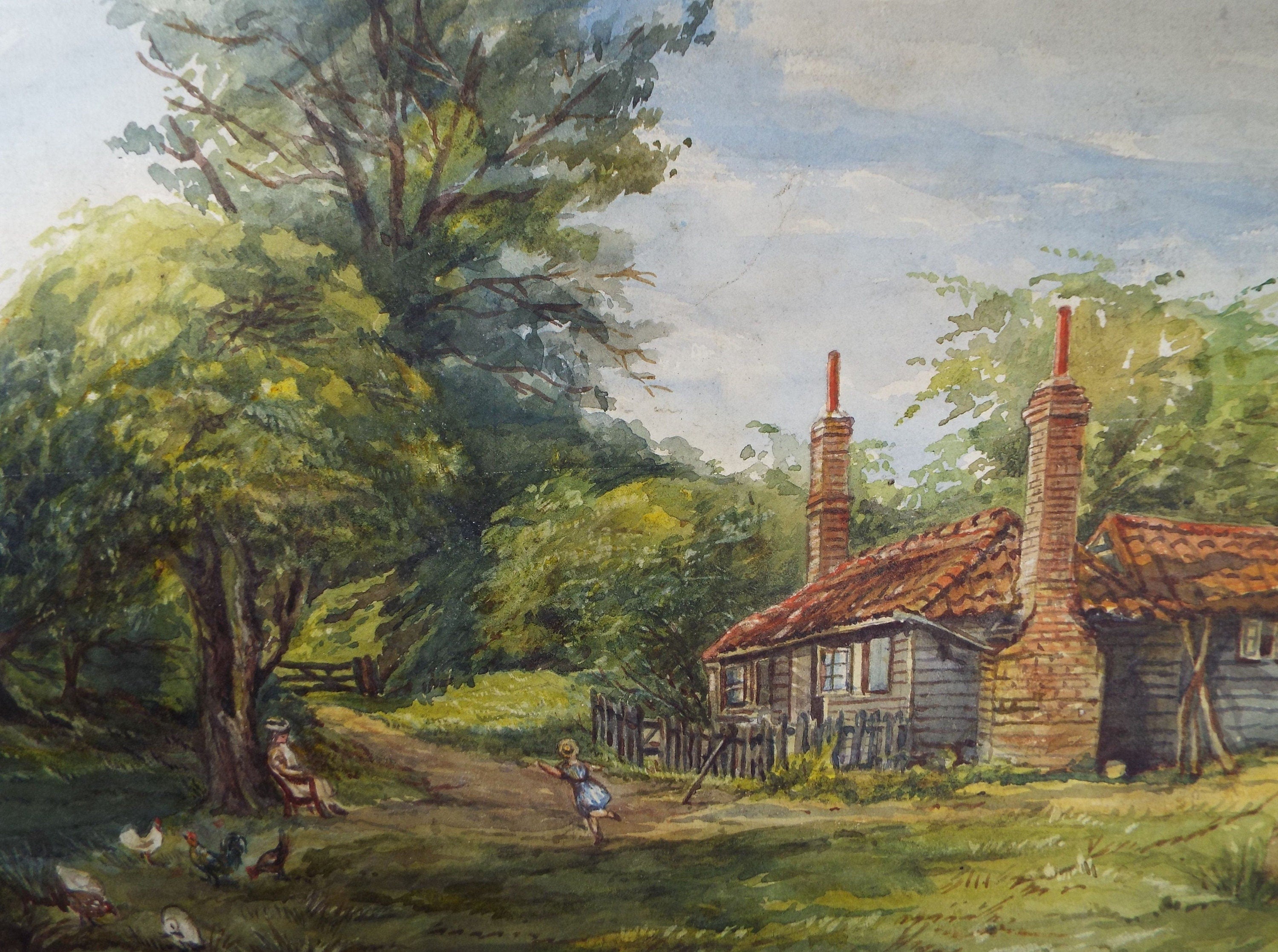 Original Watercolour, 'Child playing before a Country Cottage', Early 20th Century, Artist Unknown