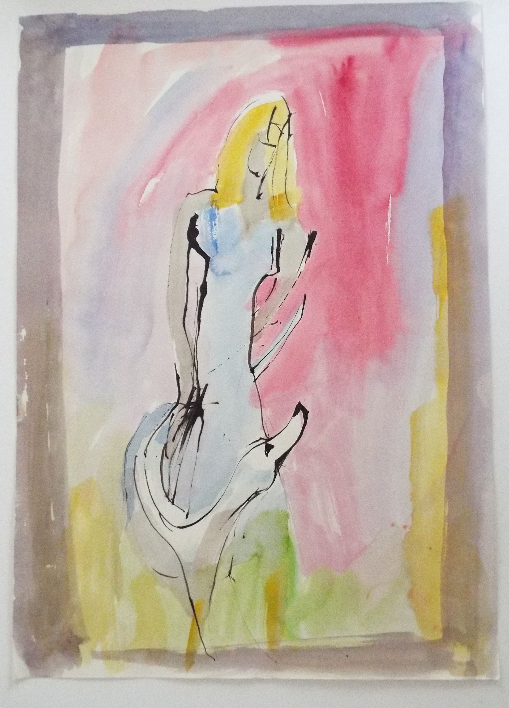 Original Watercolour & India Ink, 'Female Figure with Swan' - from the Great Flood series of 100 paintings, 1980's, Sven Berlin (1911-1999)