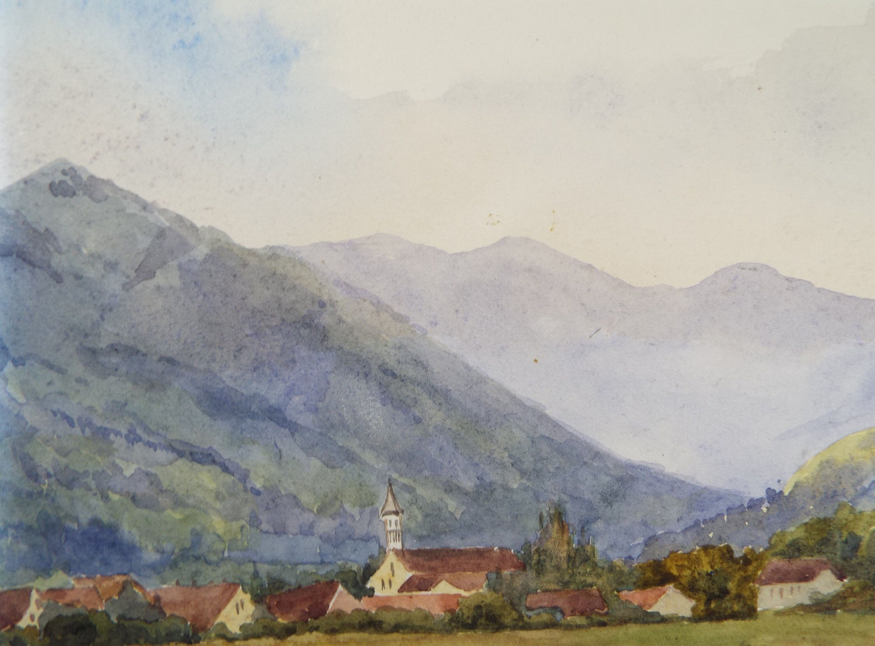 Original Watercolour, late 19th Century , 'Village Below the Mountain ',Artist Unknown