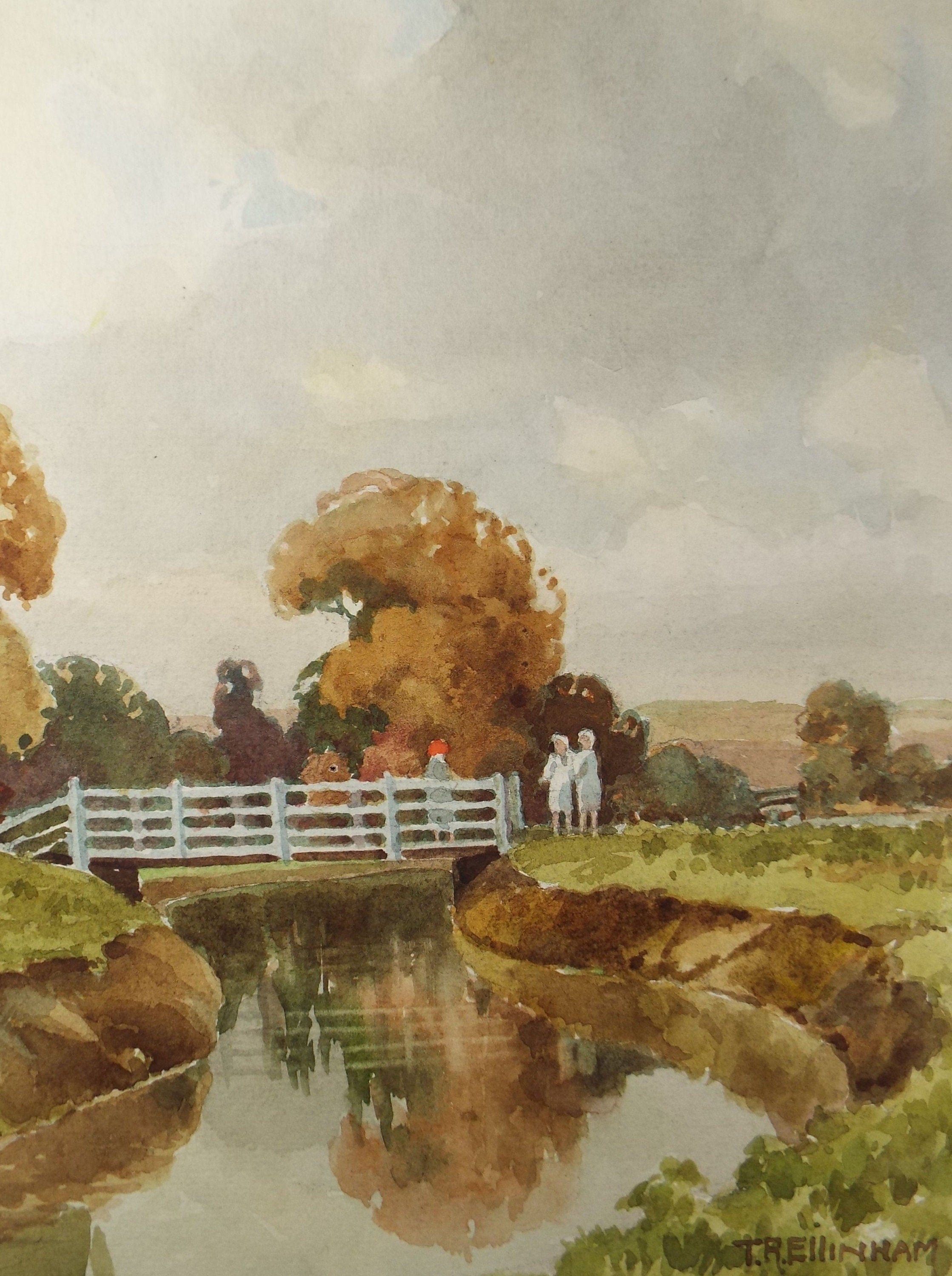 Original Watercolour, 'Bridge over the River', Mid 20th Century, T.R Ellingham