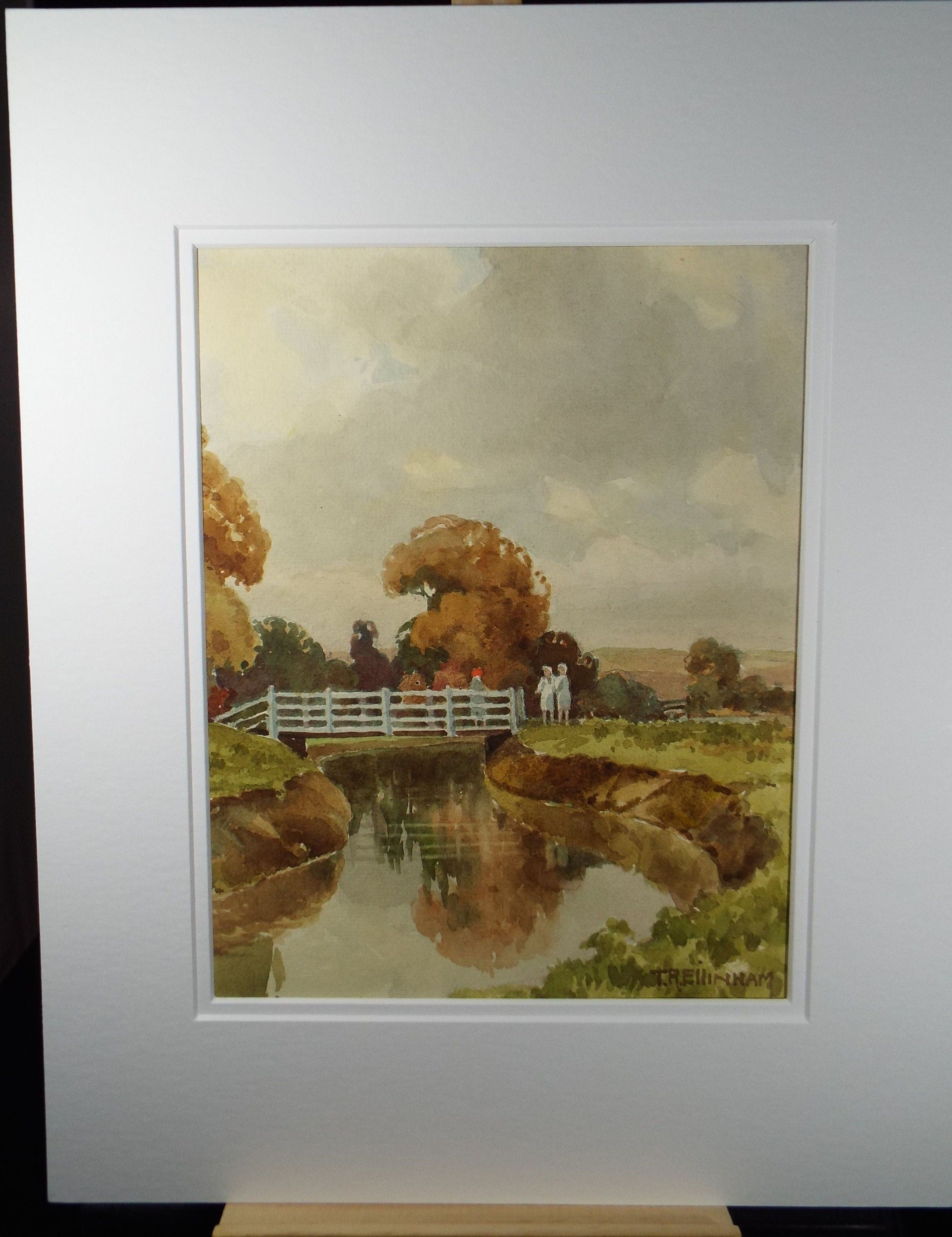 Original Watercolour, 'Bridge over the River', Mid 20th Century, T.R Ellingham