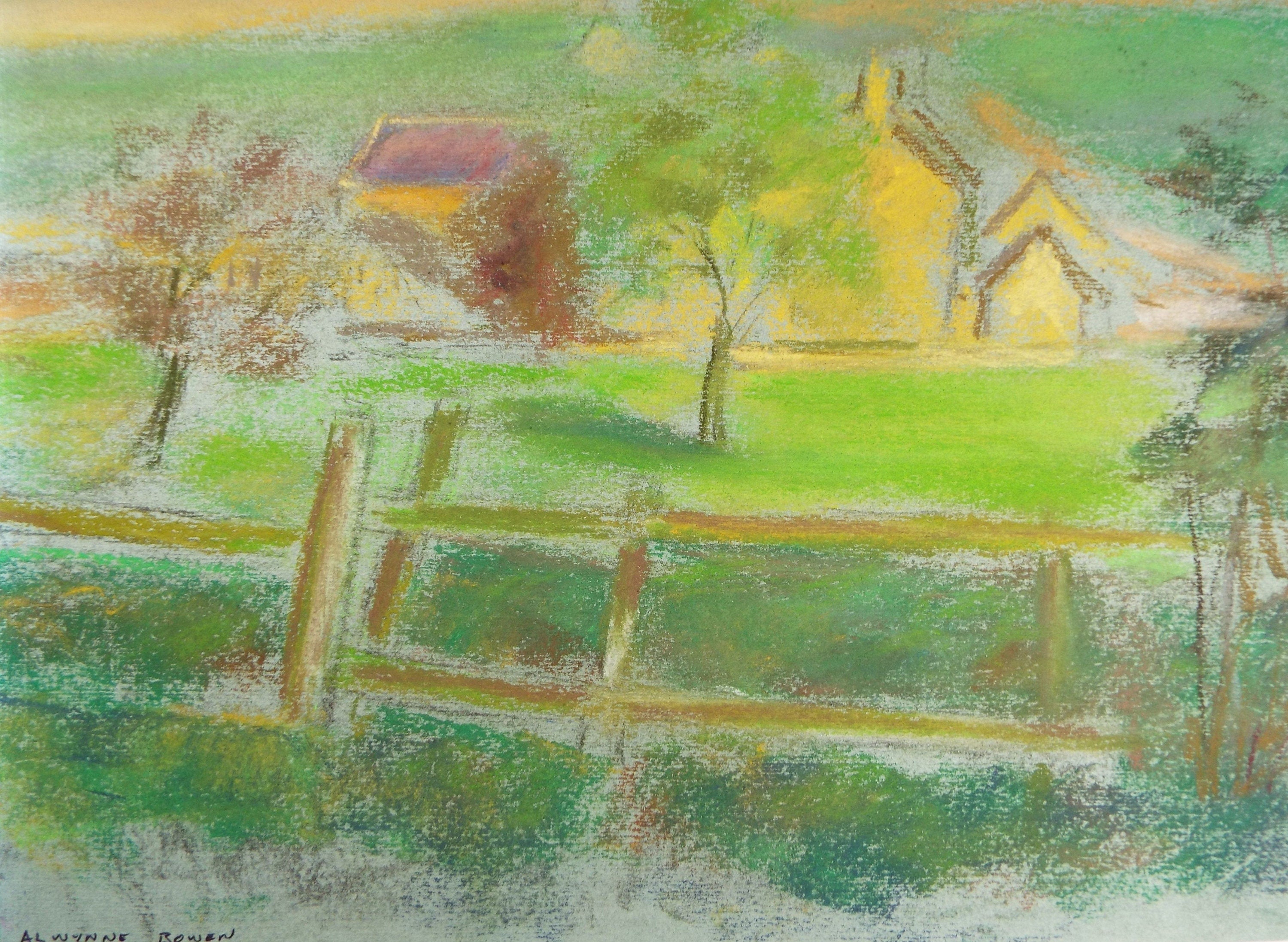 Original Pastel, 'Field with Farm Buildings' , c1970's, Alwynne Bowen 1904-1987