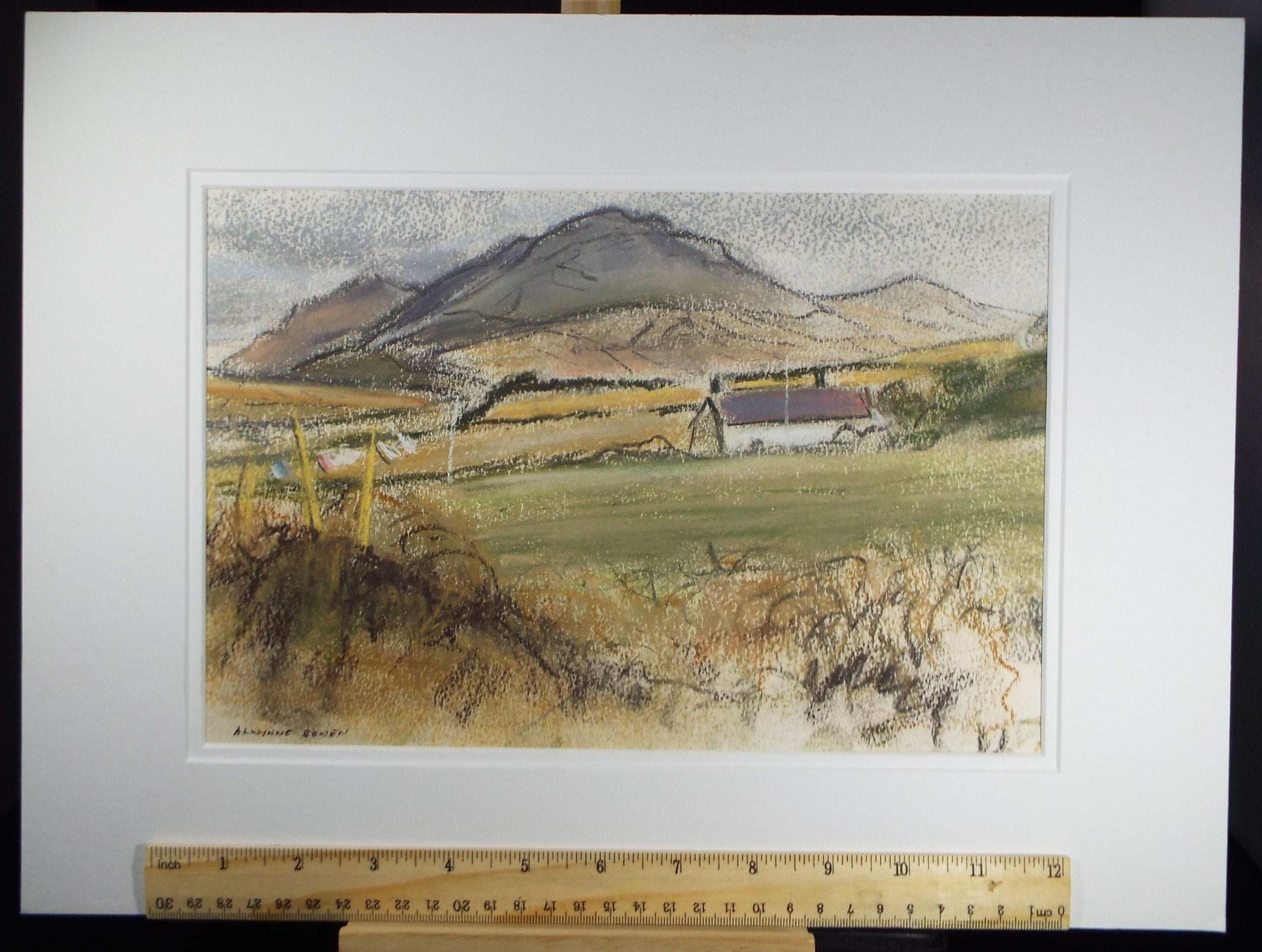 Original Pastel, 'Below the Mountain' , c1970's, Alwynne Bowen 1904-1987