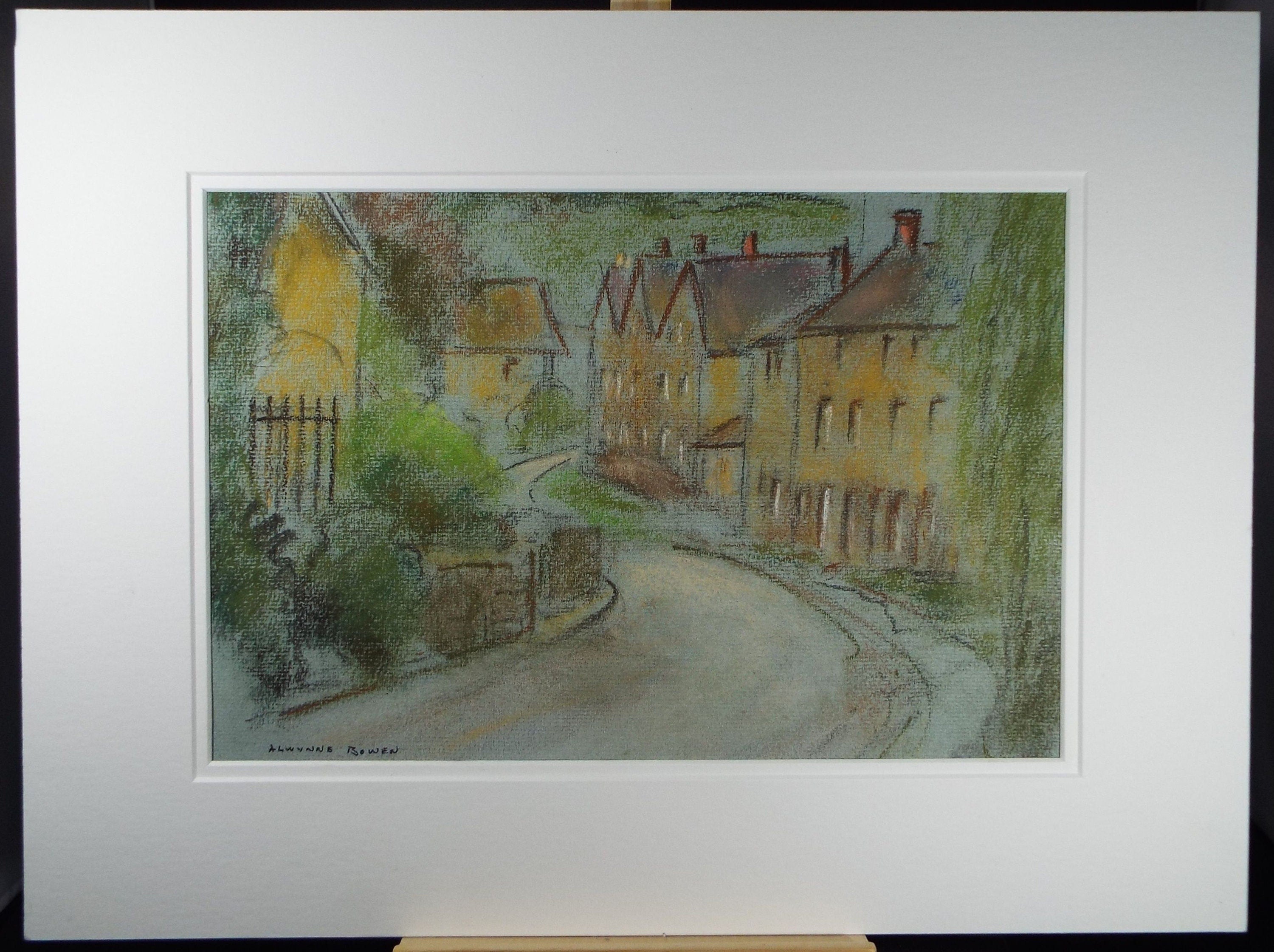 Original Pastel, 'A Village Street', c1970's, Alwynne Bowen 1904-1987