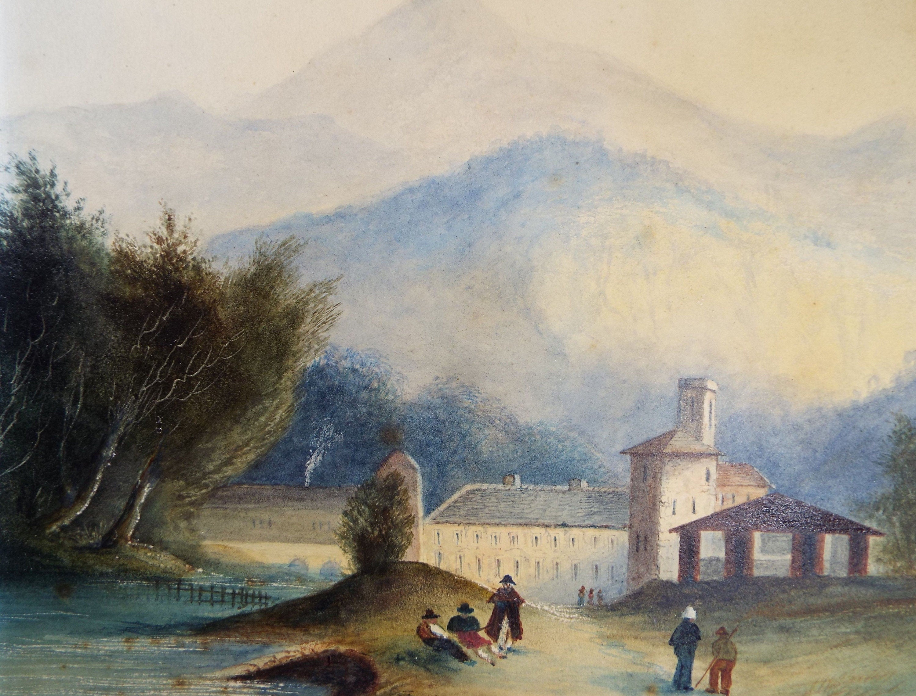 Original Watercolour, 'Stone Mill with Figures and Distant Mountains', Mid 19th Century, Artist Unknown