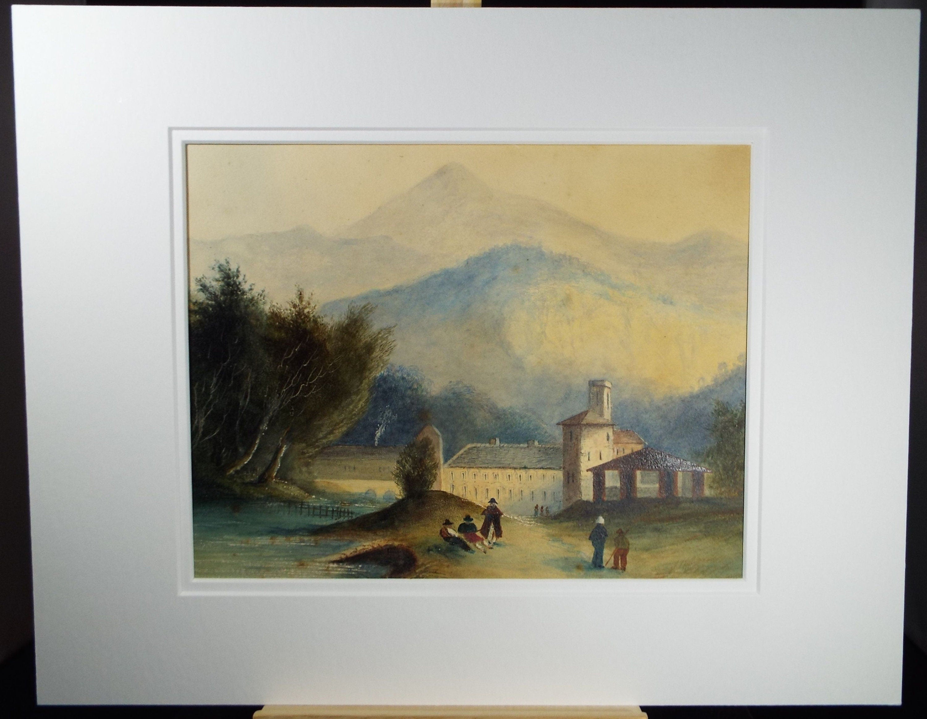 Original Watercolour, 'Stone Mill with Figures and Distant Mountains', Mid 19th Century, Artist Unknown