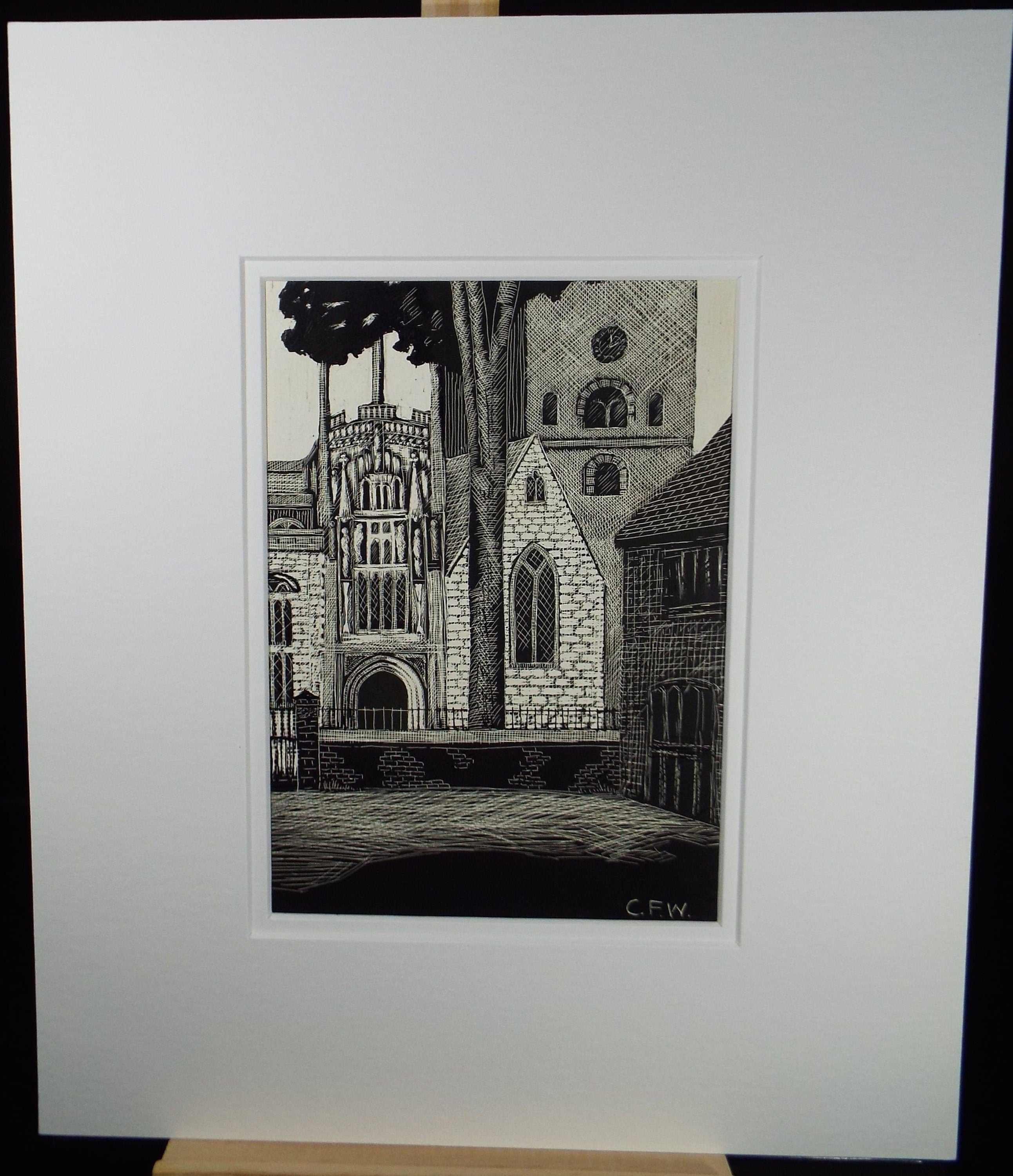 Etching on scraperboard, 'Church', c1950s, Charles Frederick Way 1906-1981