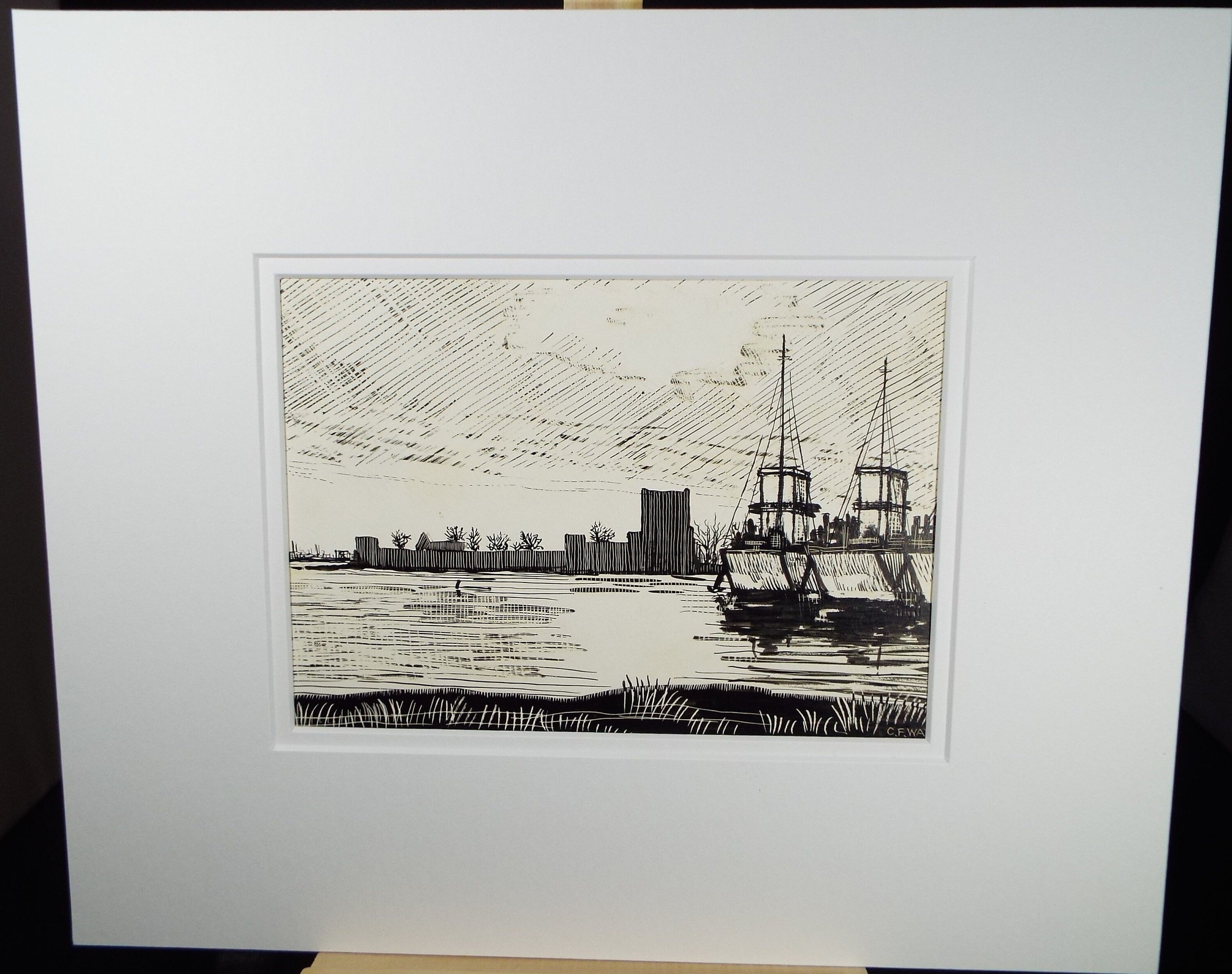 Etching on scraperboard, 'Fishing Boats', c1950, Charles Frederick Way 1906-1981