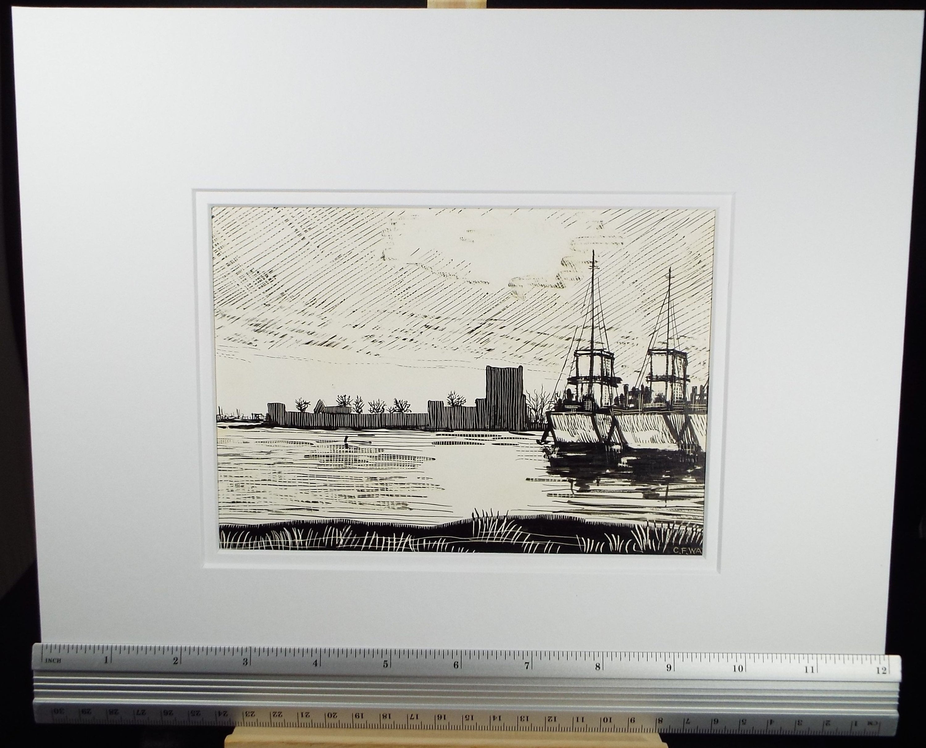 Etching on scraperboard, 'Fishing Boats', c1950, Charles Frederick Way 1906-1981