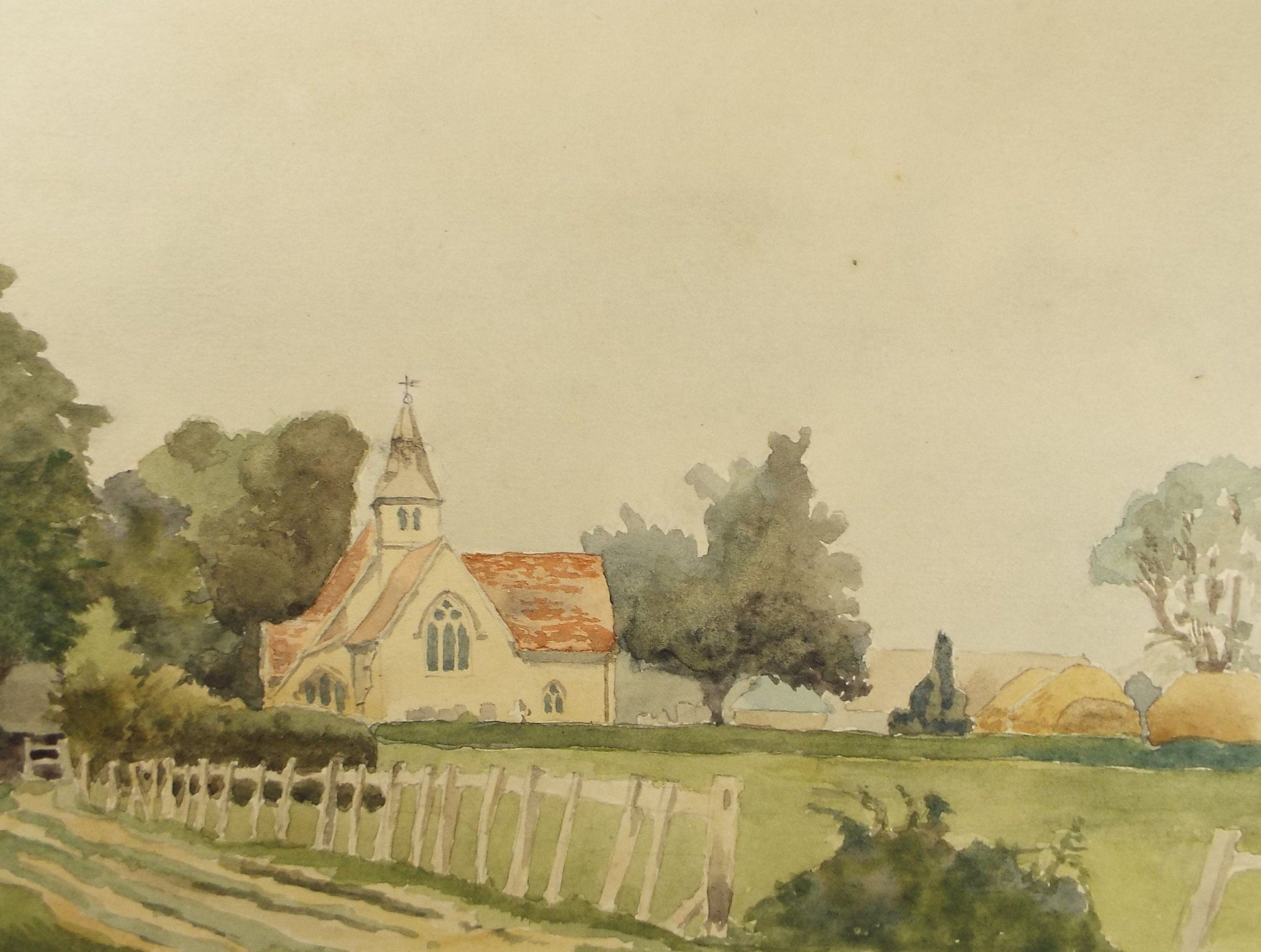 Original Watercolour, 'Church & Farm', c1920's Charles Frederick Way (1906-1981)