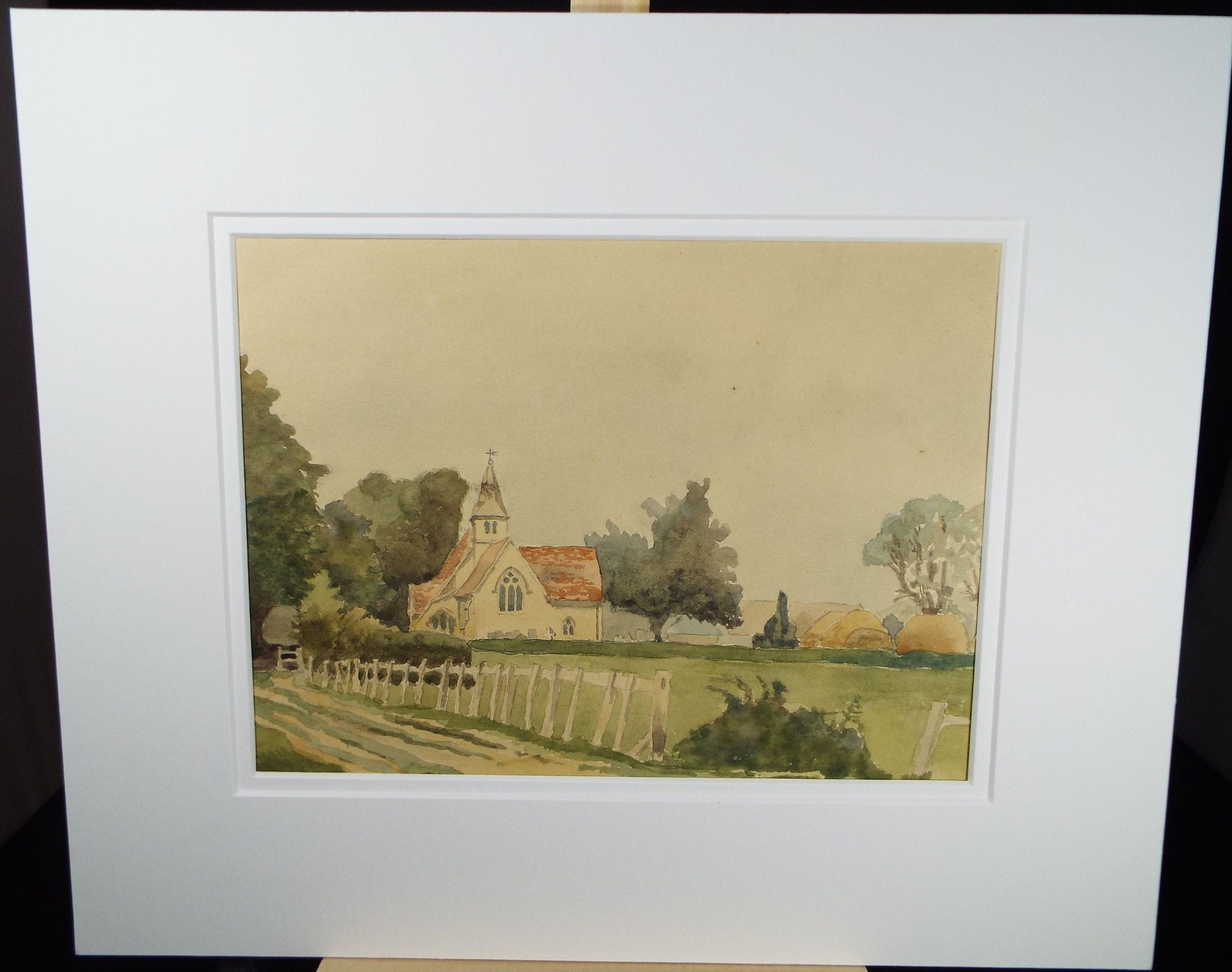 Original Watercolour, 'Church & Farm', c1920's Charles Frederick Way (1906-1981)