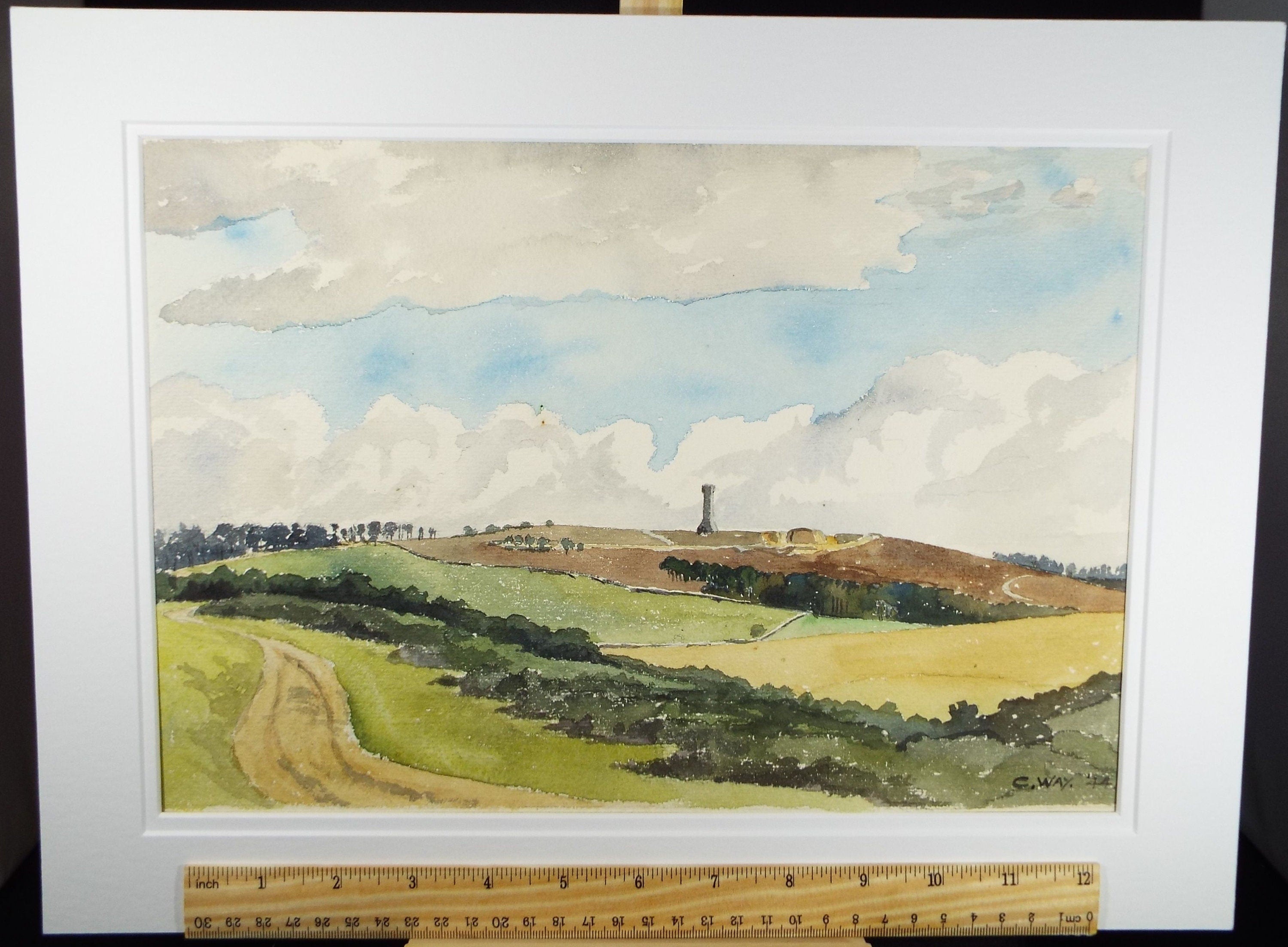 Original Watercolour, 'Ploughed fields with Tower', Dated 1944, Charles Frederick Way (1906-1981)