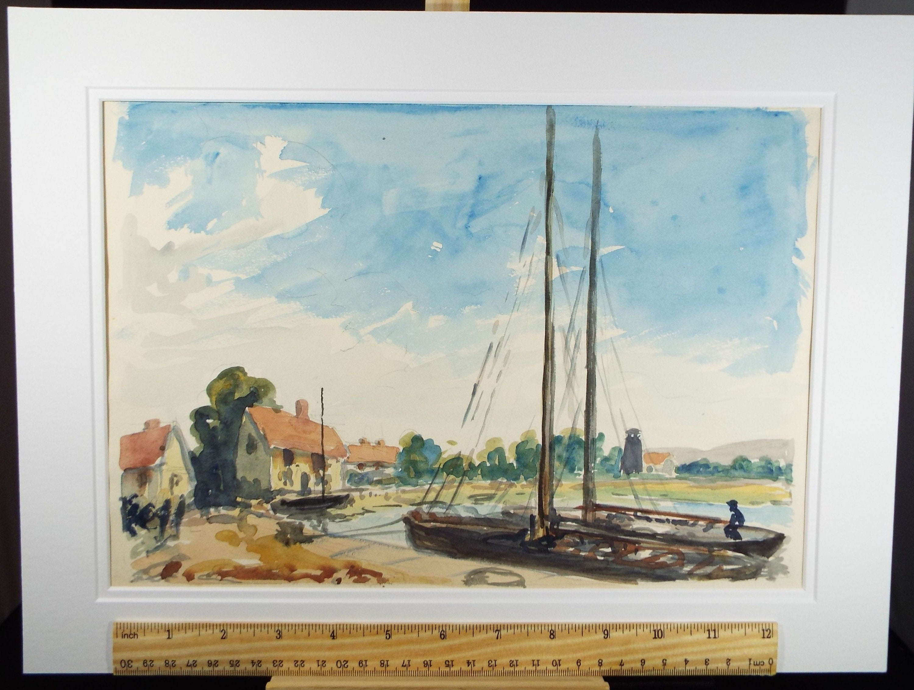 Original Watercolour, 'Sailing Barge at a Quay', Circa 1940's, Charles Frederick Way (1906-1981)