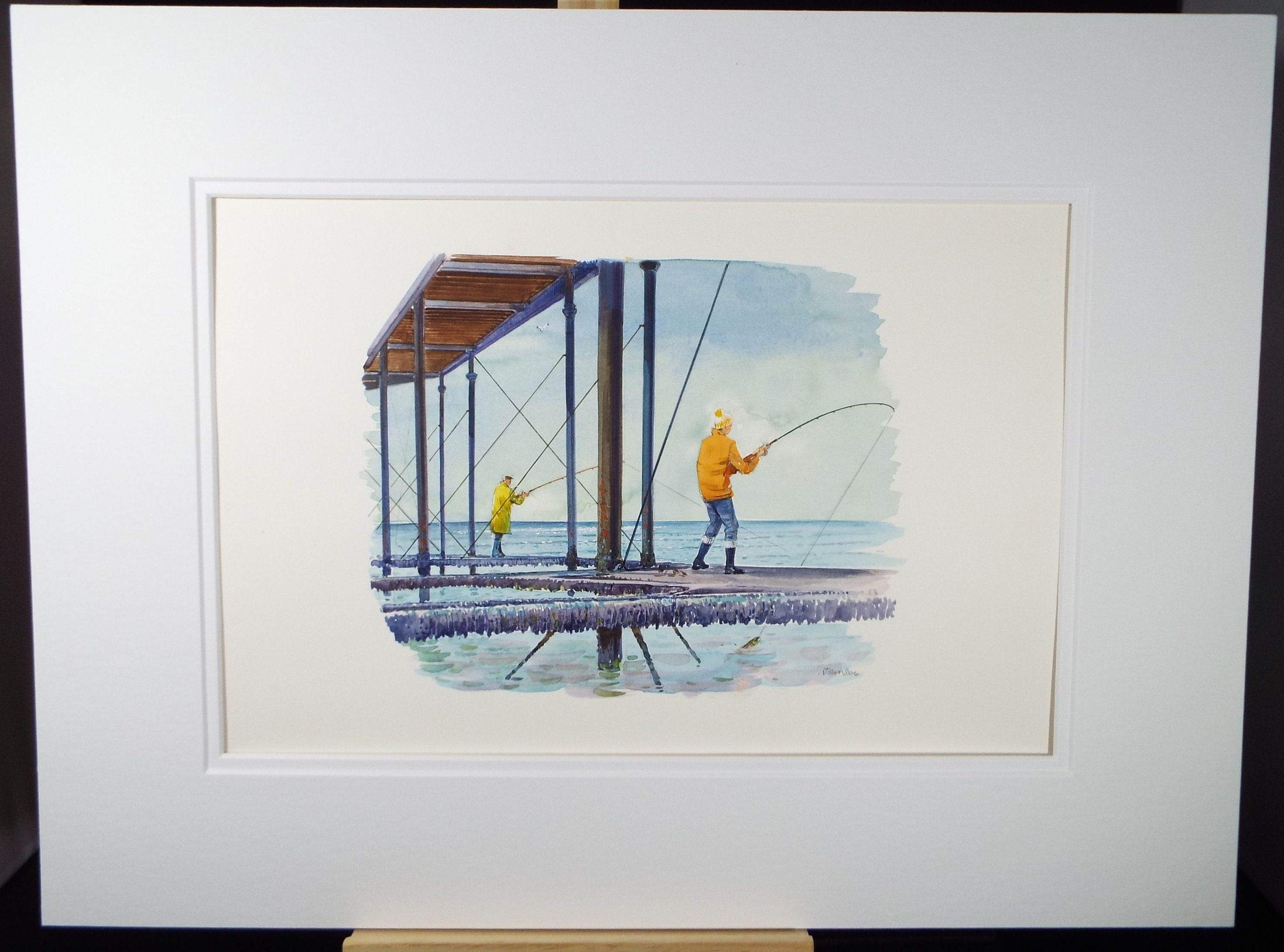 Original Watercolour 'Fishing from the Pier', Circa 1980's, Ken Johnson (20th Century, British)