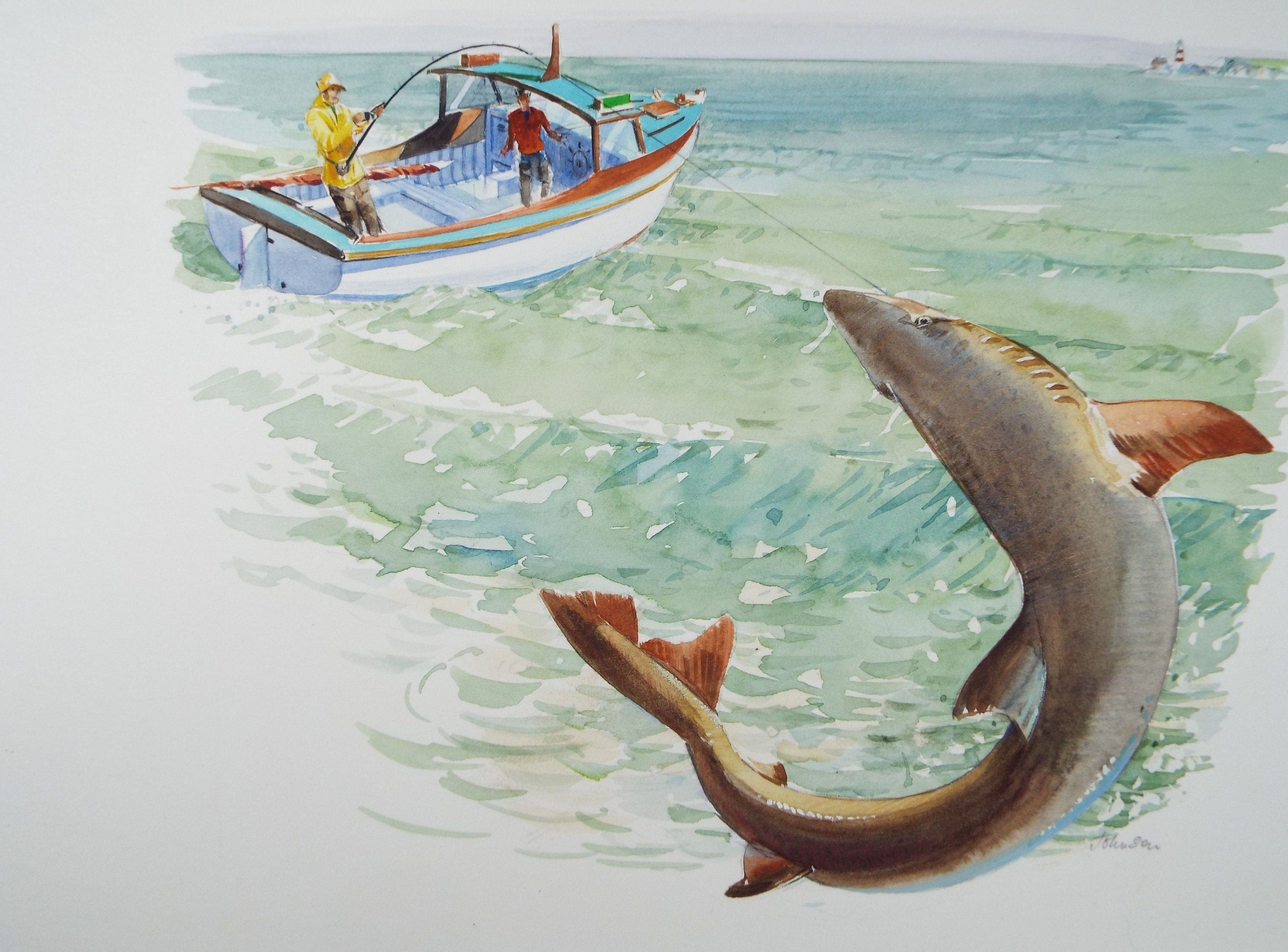 Original Watercolour 'Shark Fishing', Circa 1980's, Ken Johnson (20th Century, British)