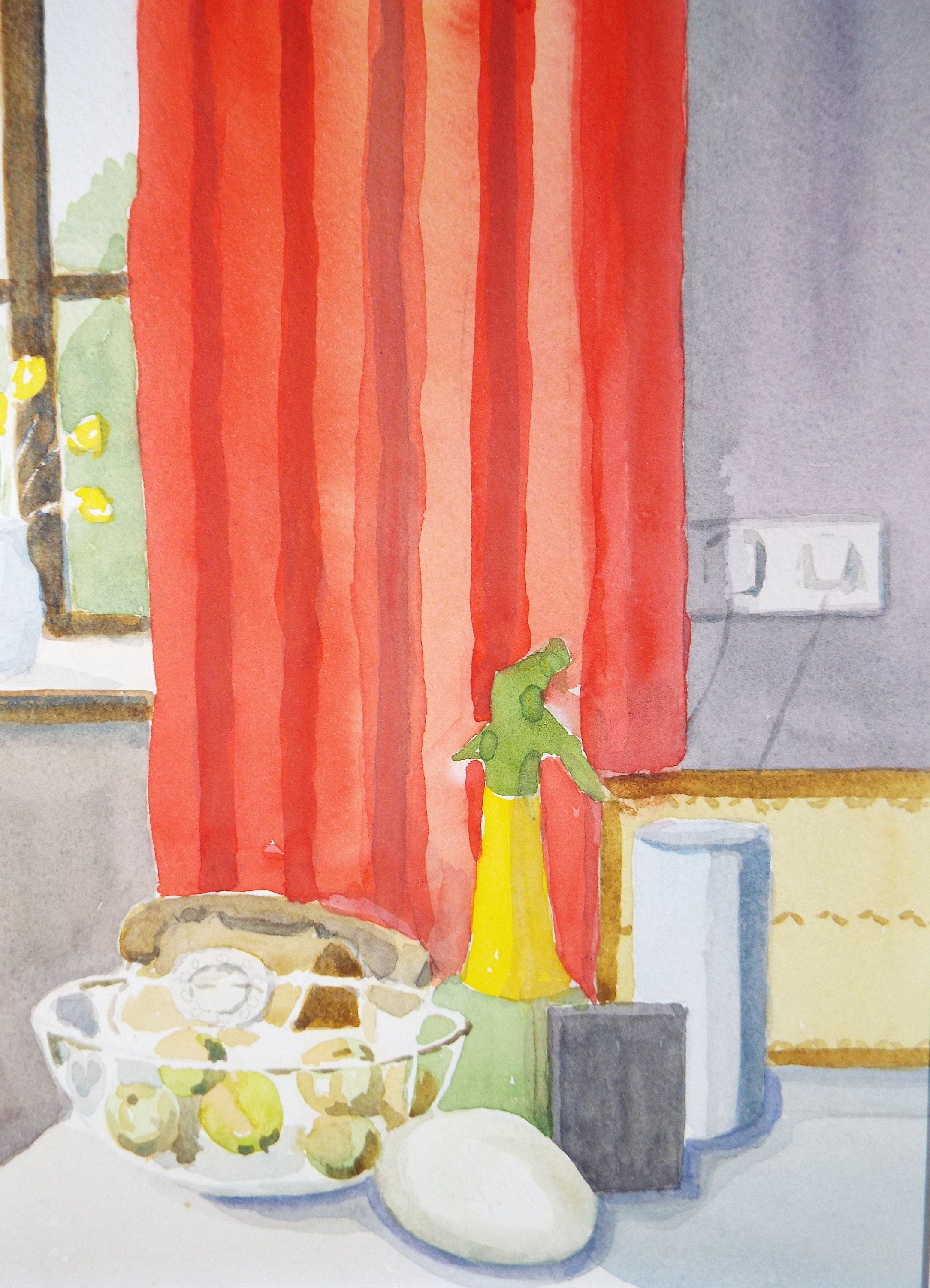 Original Watercolour, 'Still Life with Red Curtain', Circa 1970's, Alethia de Tessier (20th Century, British)