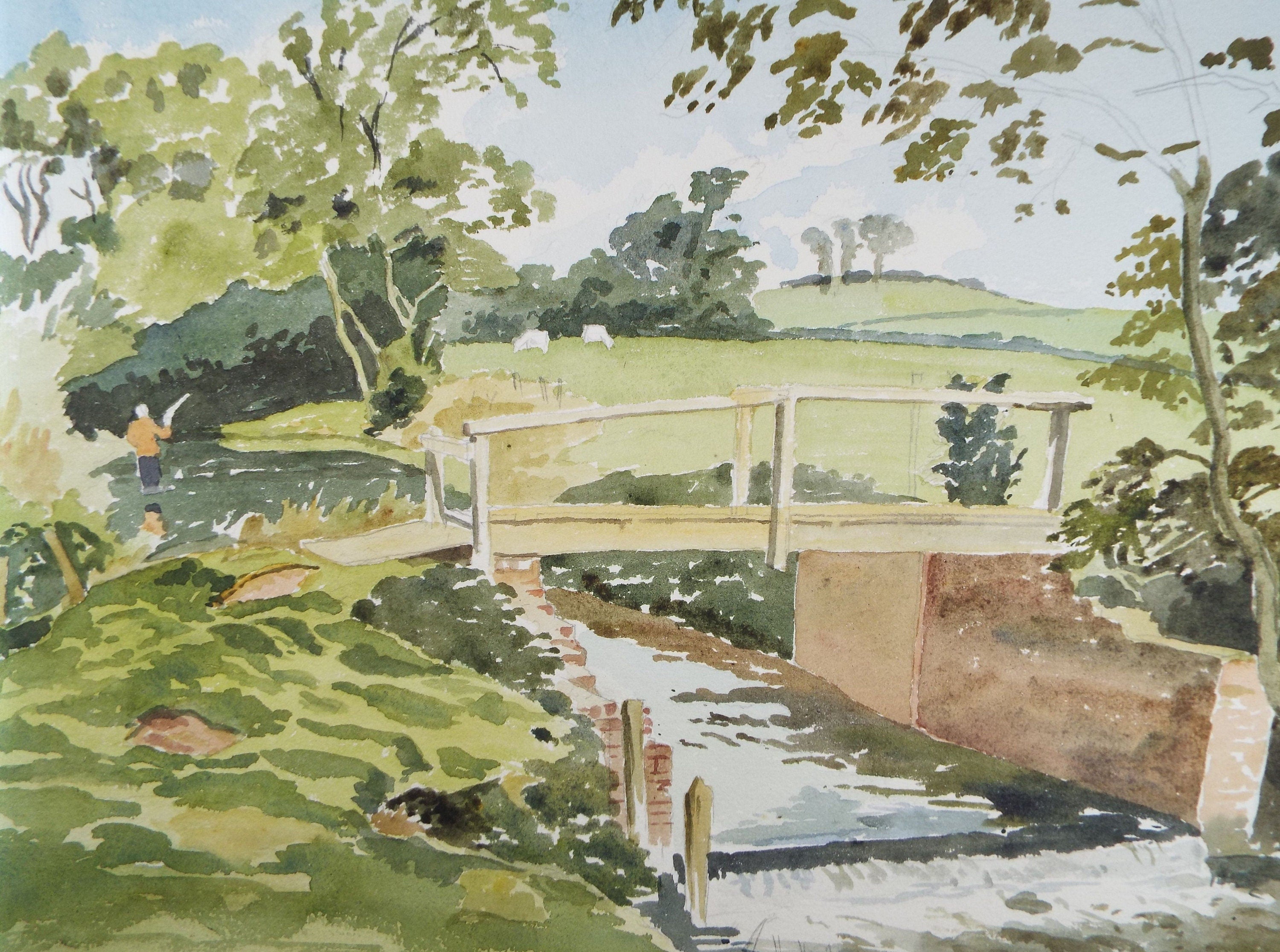 Original Watercolour, 'Bridge over a Stream ', Circa 1950's , Edward Way (20th Century)