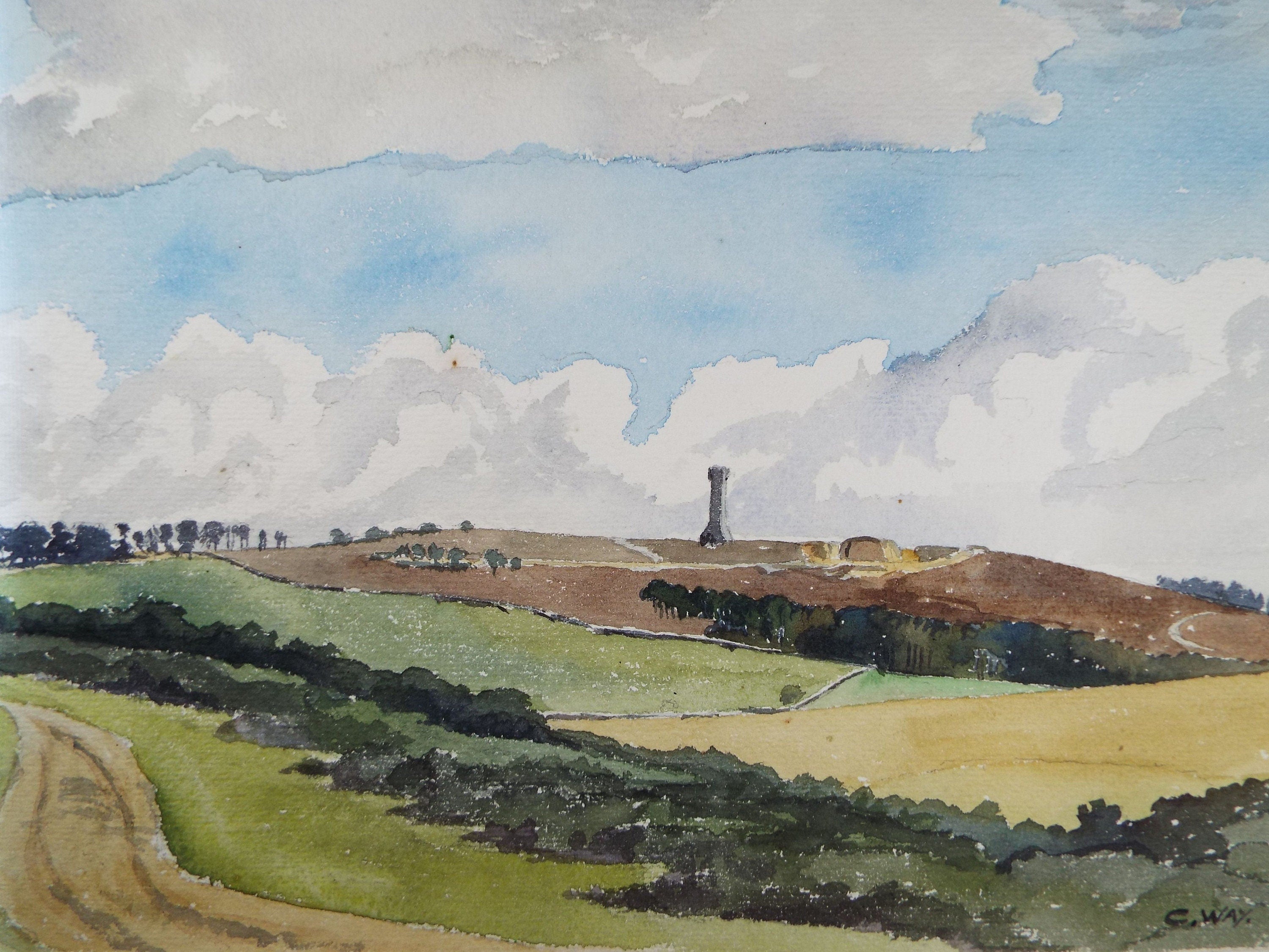 Original Watercolour, 'Ploughed fields with Tower', Dated 1944, Charles Frederick Way (1906-1981)