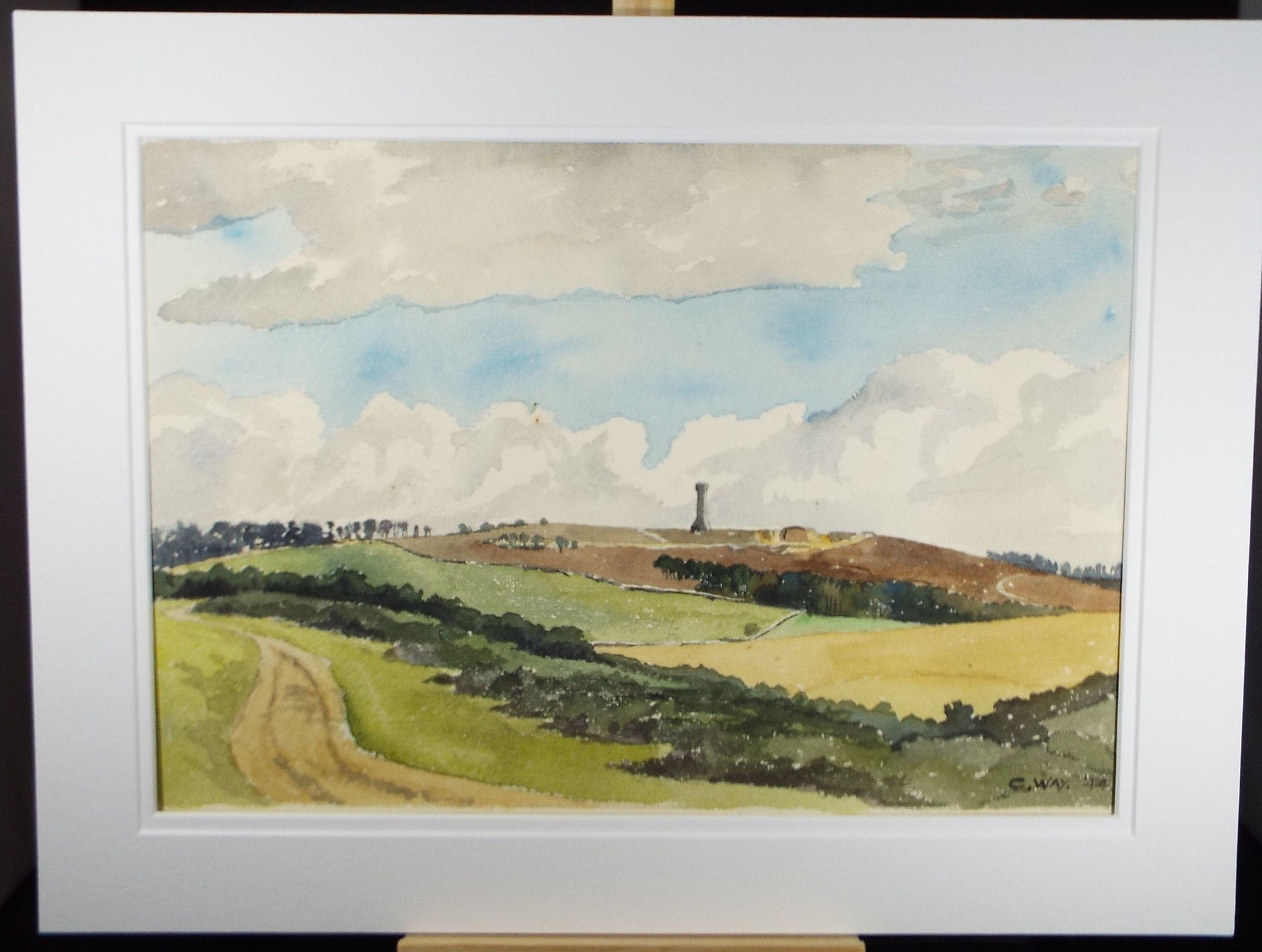 Original Watercolour, 'Ploughed fields with Tower', Dated 1944, Charles Frederick Way (1906-1981)