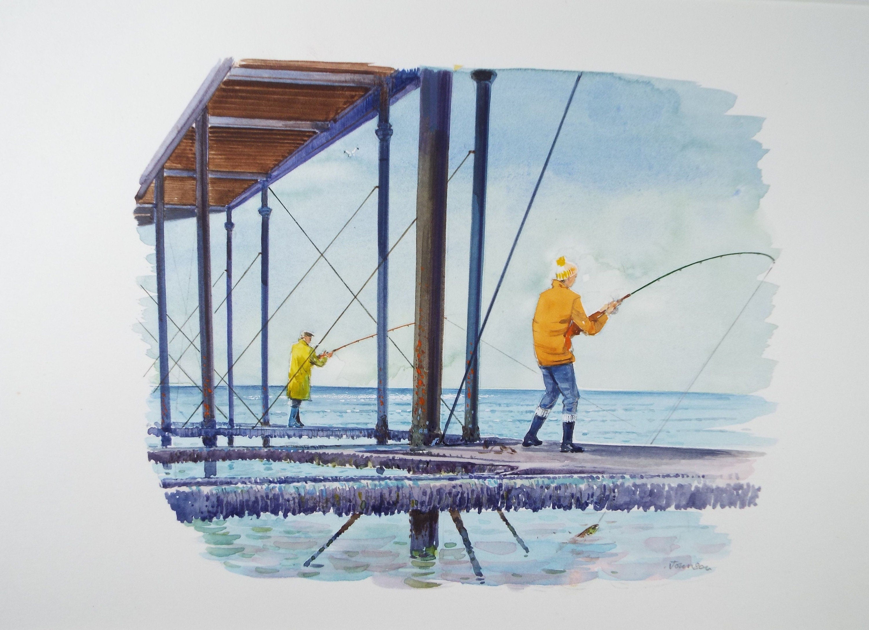 Original Watercolour 'Fishing from the Pier', Circa 1980's, Ken Johnson (20th Century, British)