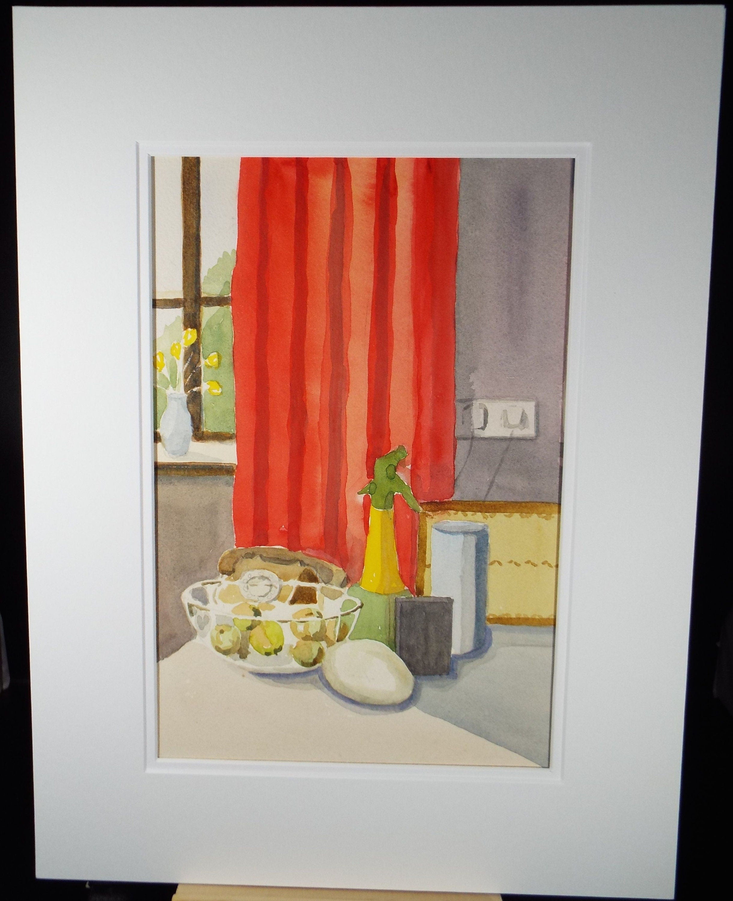 Original Watercolour, 'Still Life with Red Curtain', Circa 1970's, Alethia de Tessier (20th Century, British)