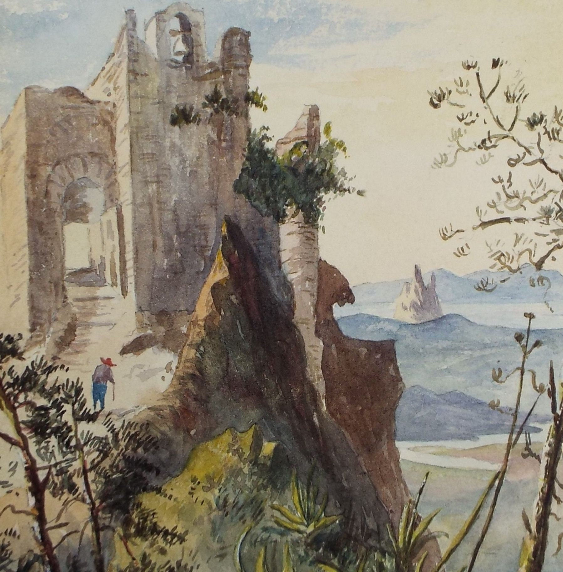 Original Watercolour, 'Hilltop Bell Tower', Unknown Artist - Late 19th Century