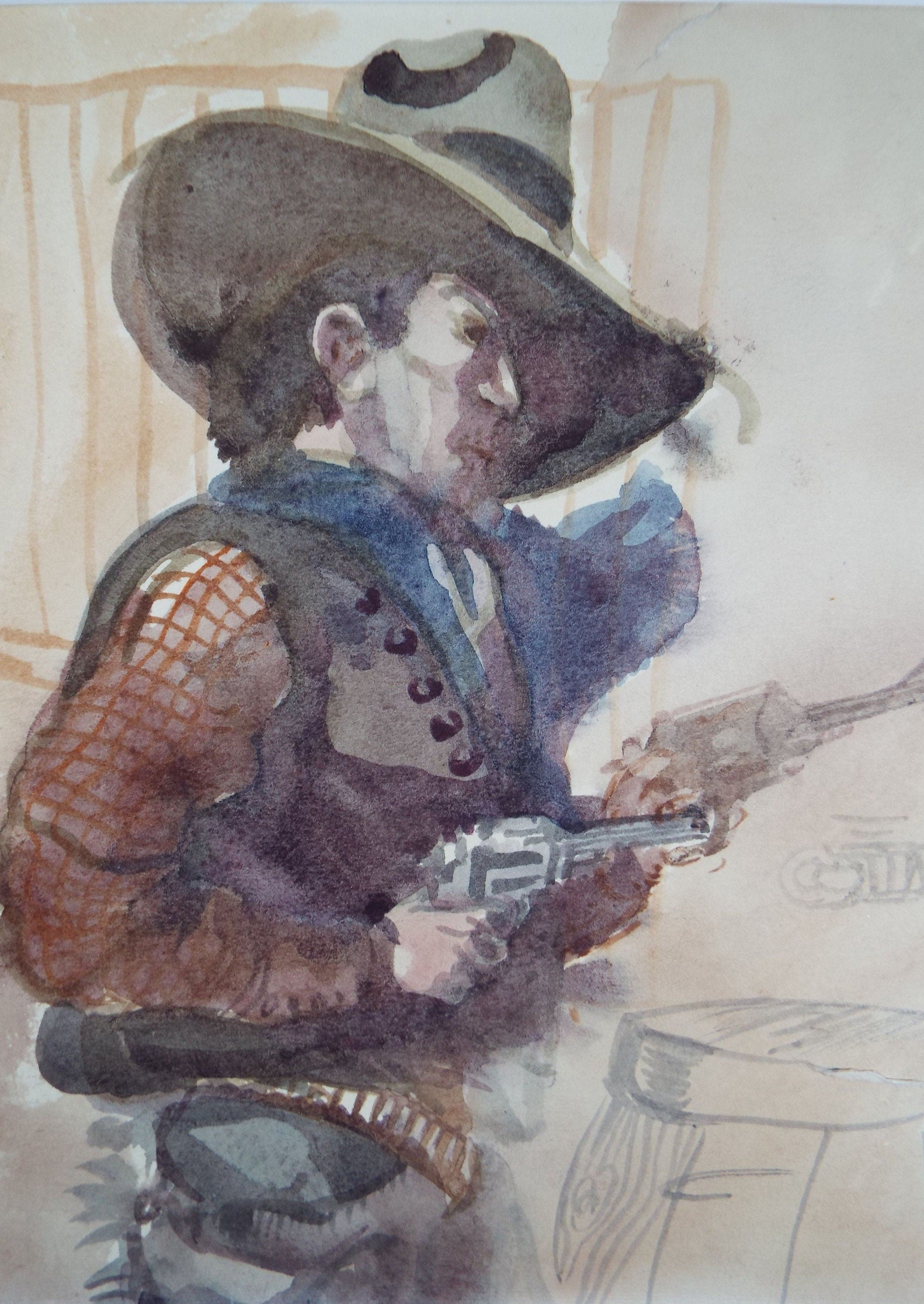 Original Watercolour, 'Cowboy - Guns Drawn', 1950's, William D Clyne (1922-1981)