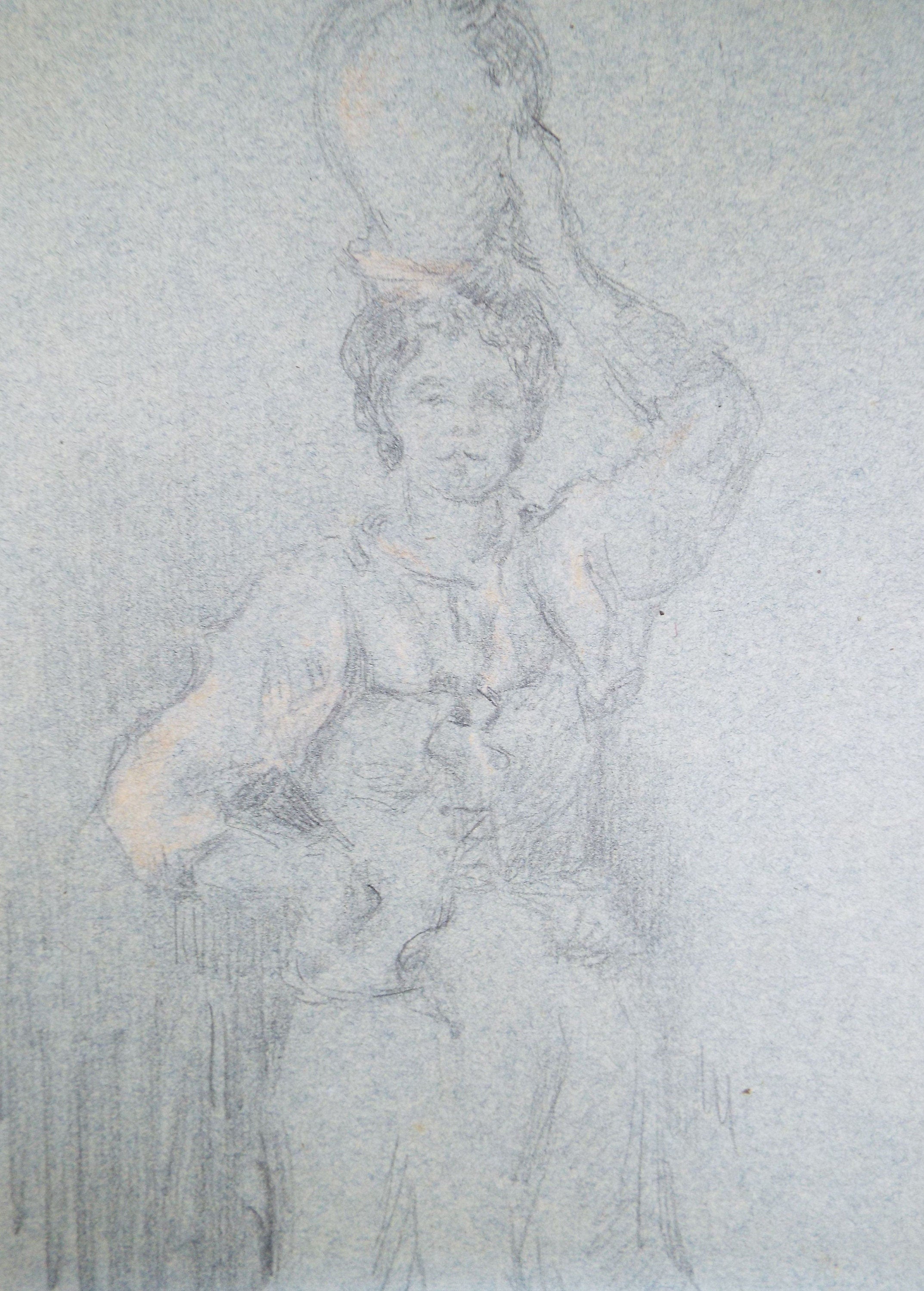 Original Graphite and chalk on Paper 'Woman with Jug', Circa 1850