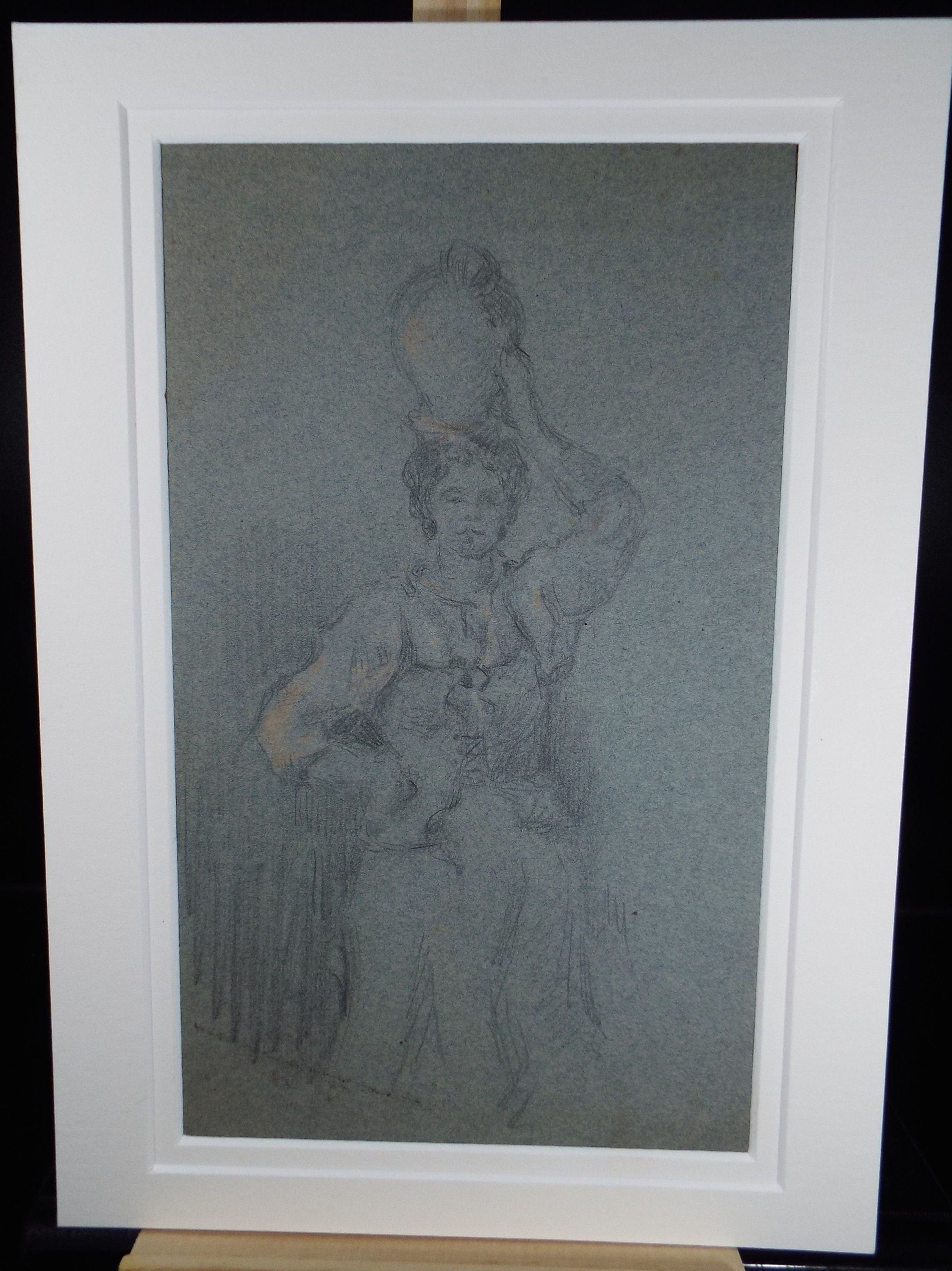 Original Graphite and chalk on Paper 'Woman with Jug', Circa 1850