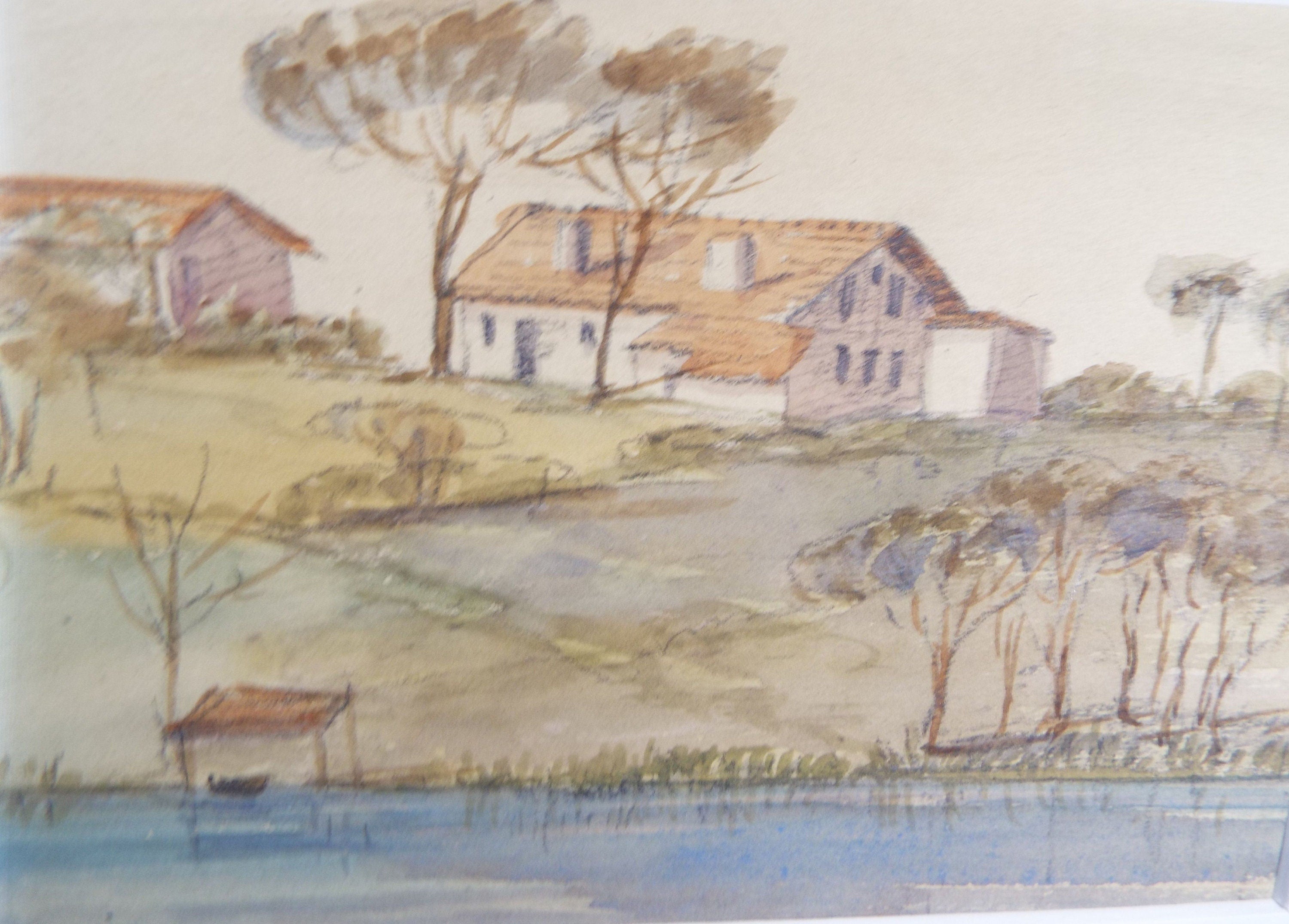 Original Watercolour, 'Riverside Farmhouse', Elizabeth Blommart, c1860's