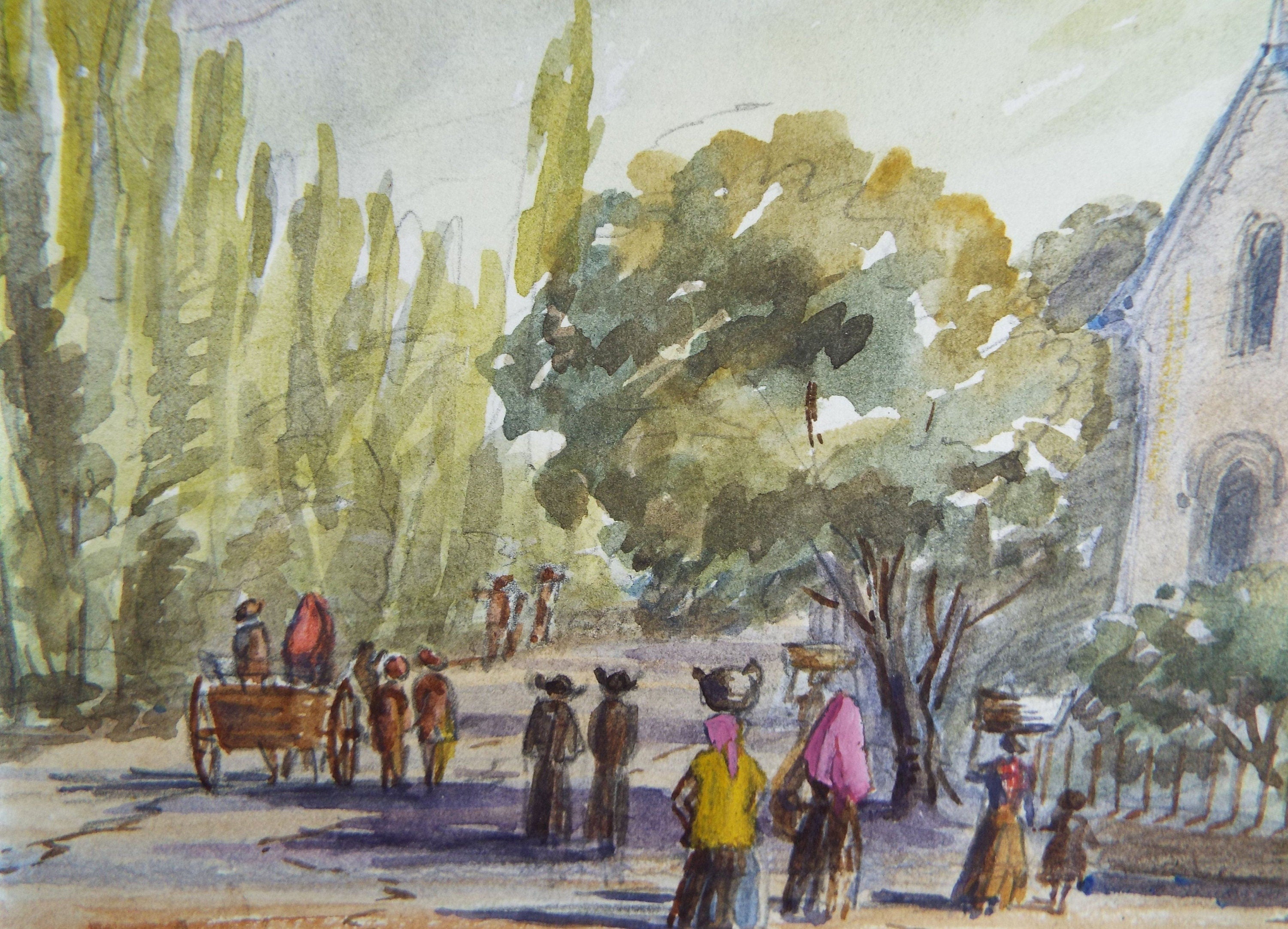 Original Watercolour, 'Figures in a Lane', Elizabeth Blommart, c1860's