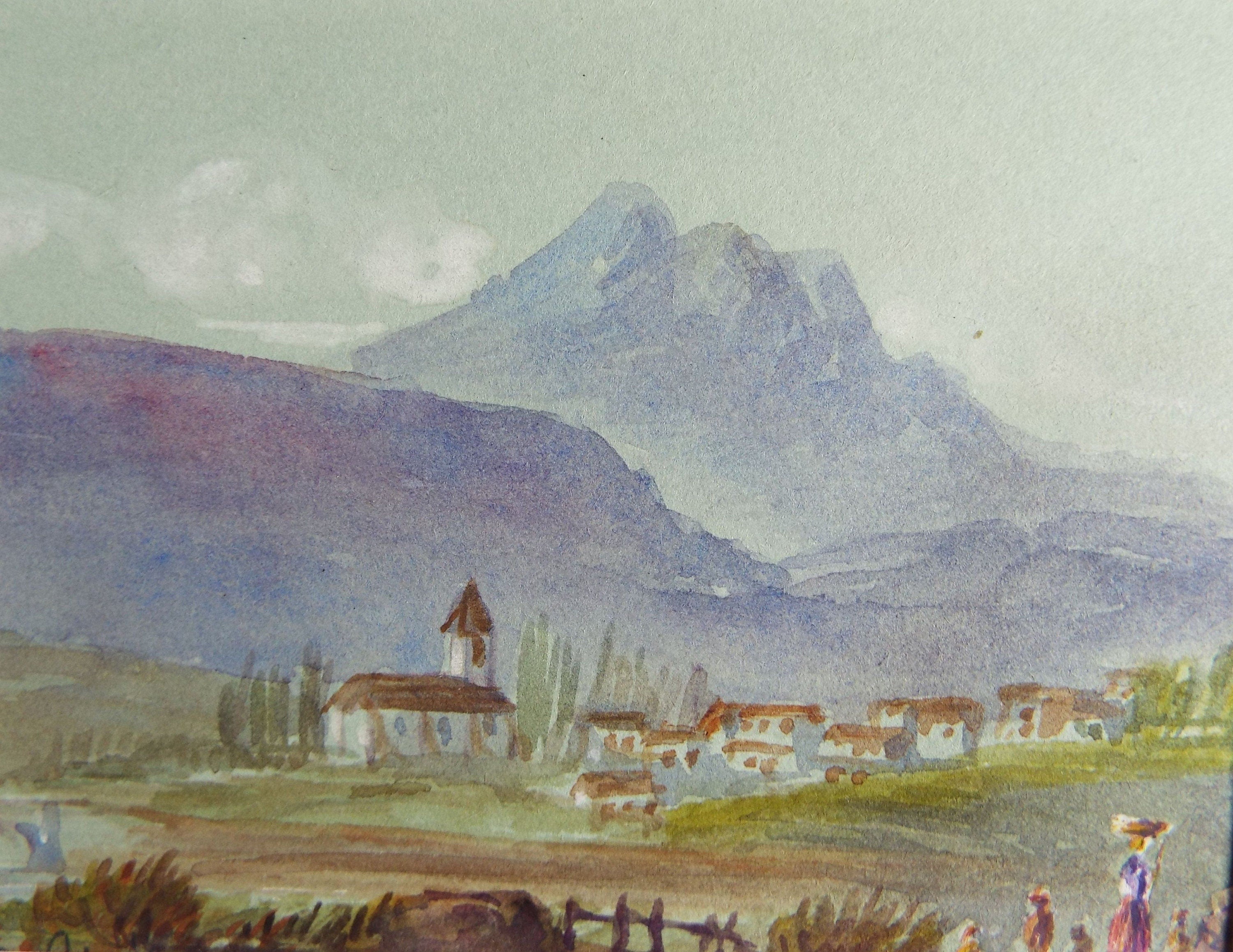 Original Watercolour, 'Figures before a Village', Elizabeth Blommart, c1860's