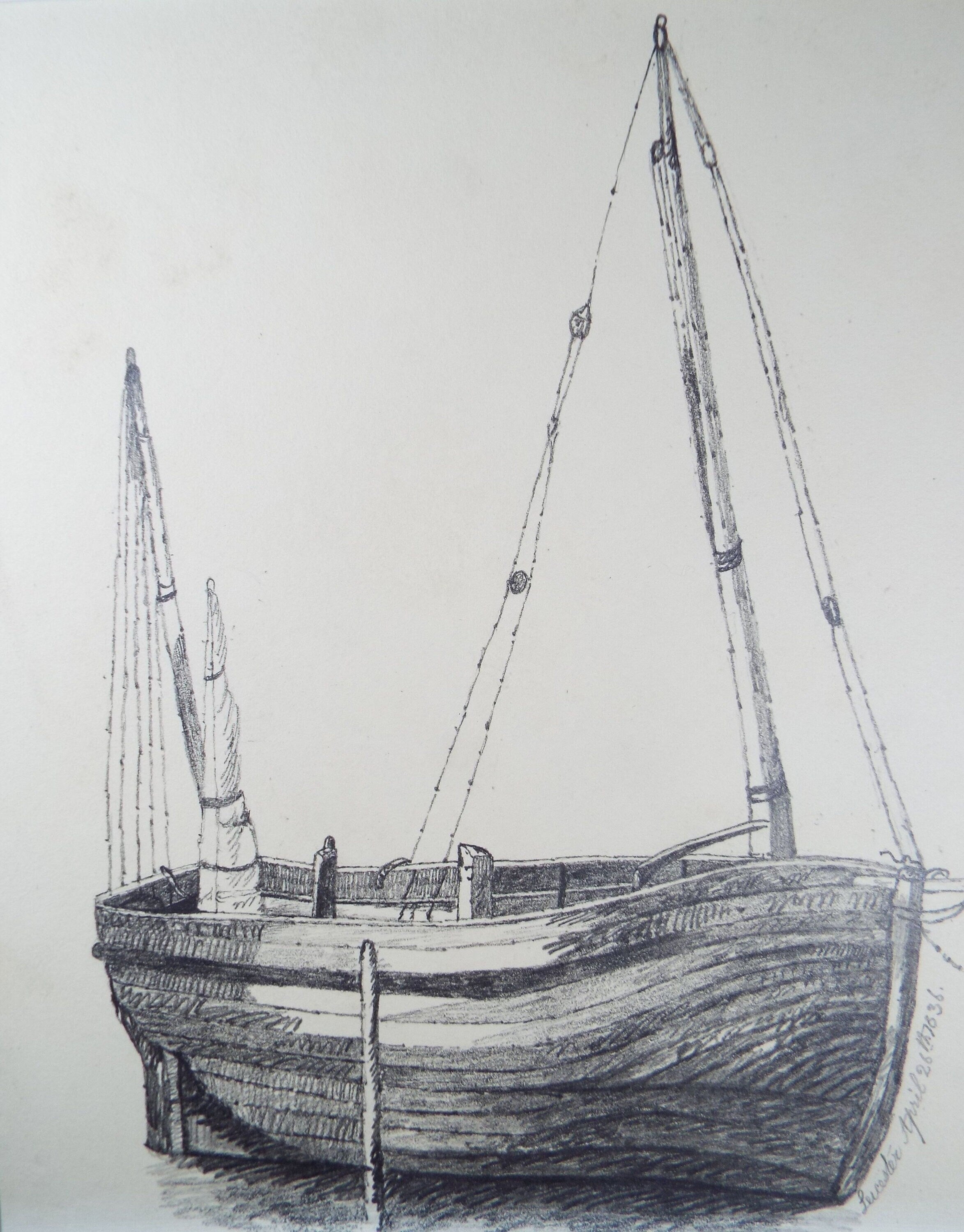 Original Pencil Drawing, 'Clinker Sail Boat', Dated 1836, Artist Unknown