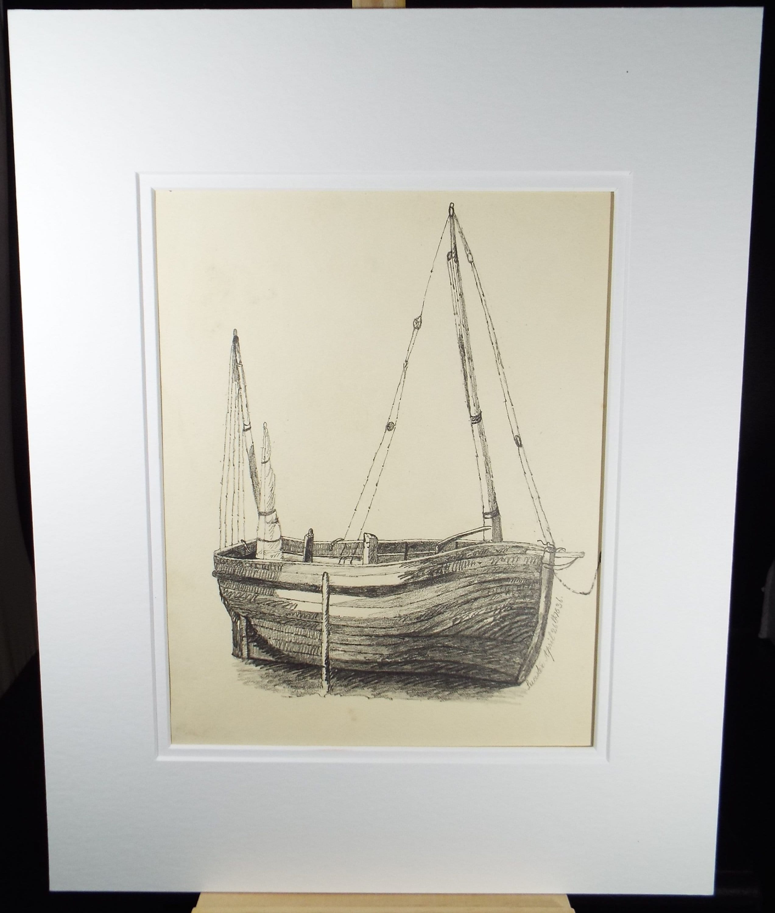 Original Pencil Drawing, 'Clinker Sail Boat', Dated 1836, Artist Unknown