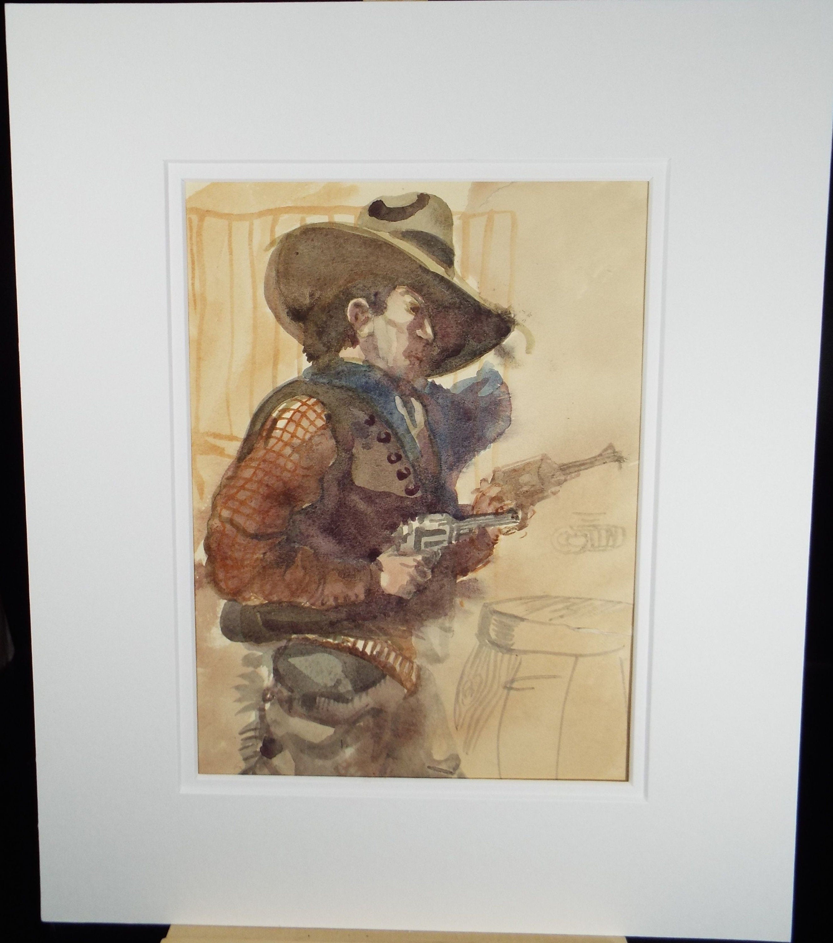 Original Watercolour, 'Cowboy - Guns Drawn', 1950's, William D Clyne (1922-1981)