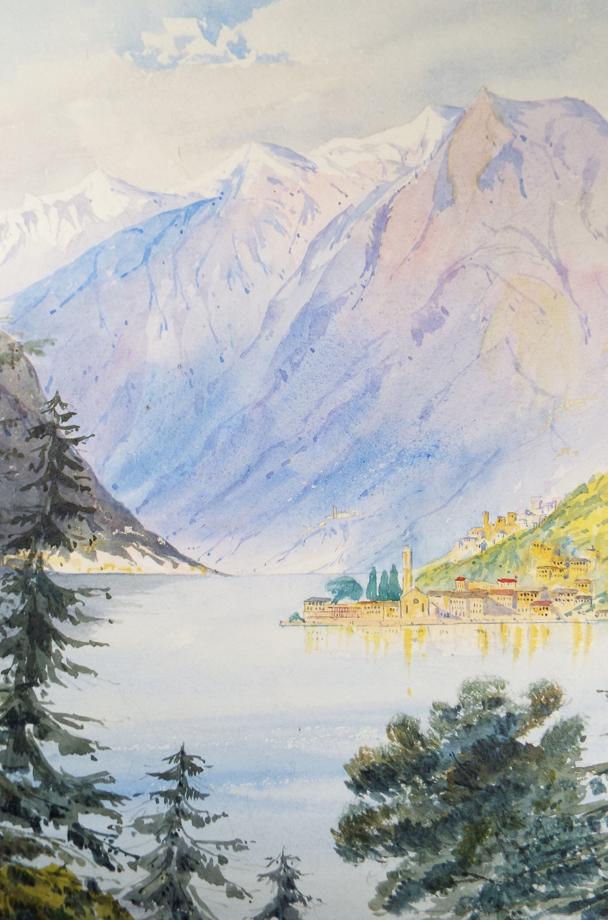 Original Watercolour, late 19th Century , 'Lakeside Town with Alpine View ', Artist Unknown