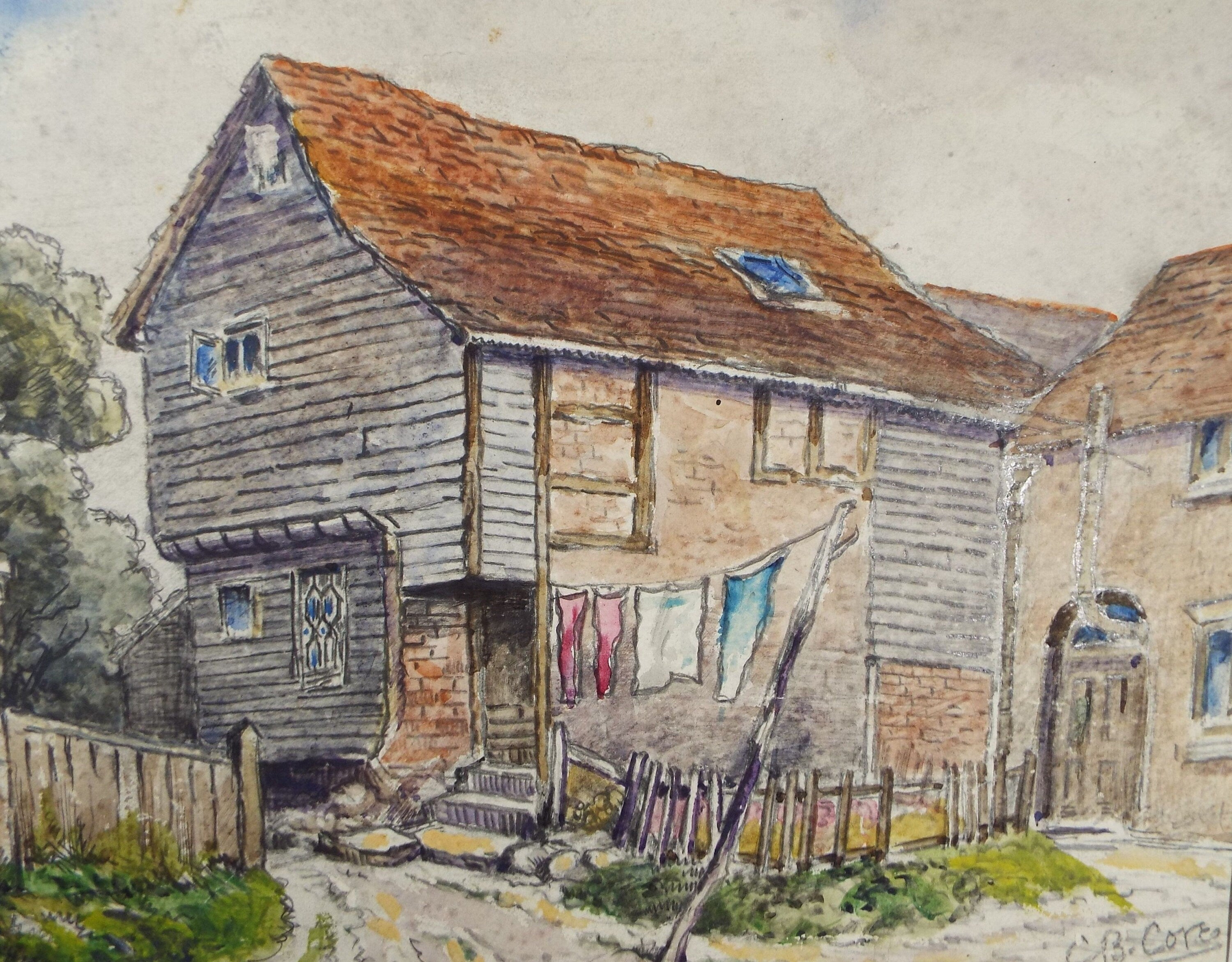 Original Watercolour & Gouache, 'Village Cottage', circa 1930's, Charles Browne Core (1860-1947)