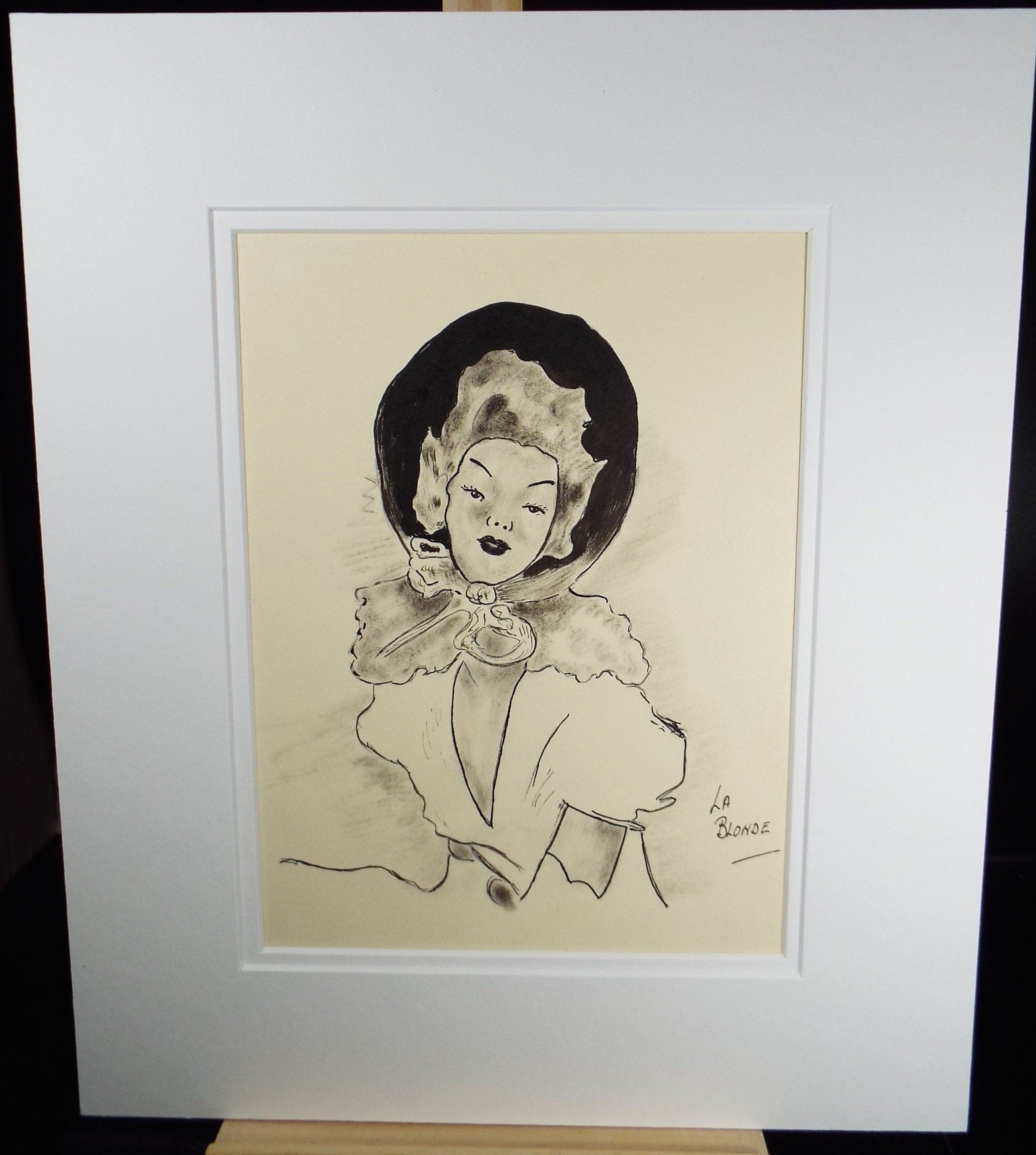 Original Pen & Ink 'Woman in a Bonnet - La blonde', Dated 1947, Artist Unknown