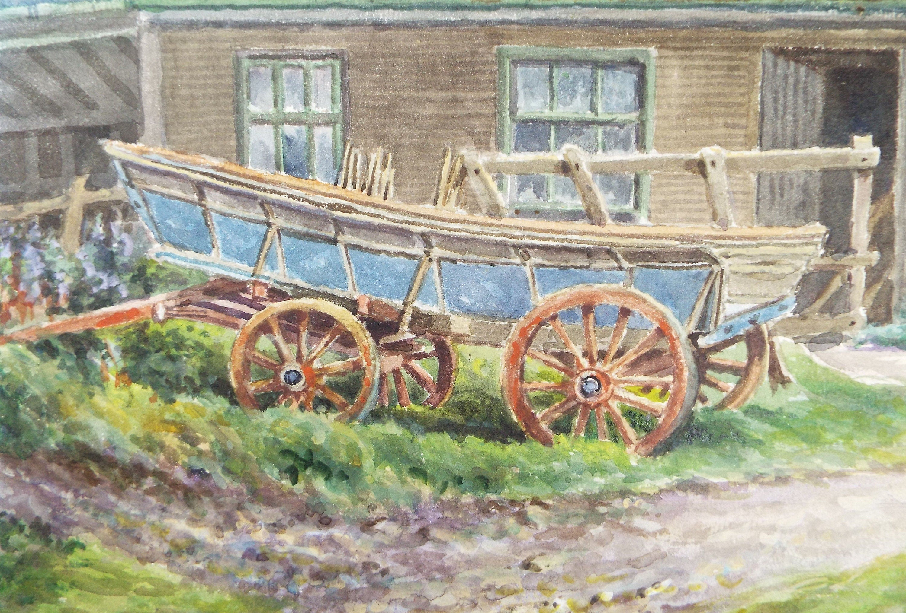 Original Watercolour & Gouache, 'The Blue Cart', Circa 1930's, Charles Browne Core (1860-1947)