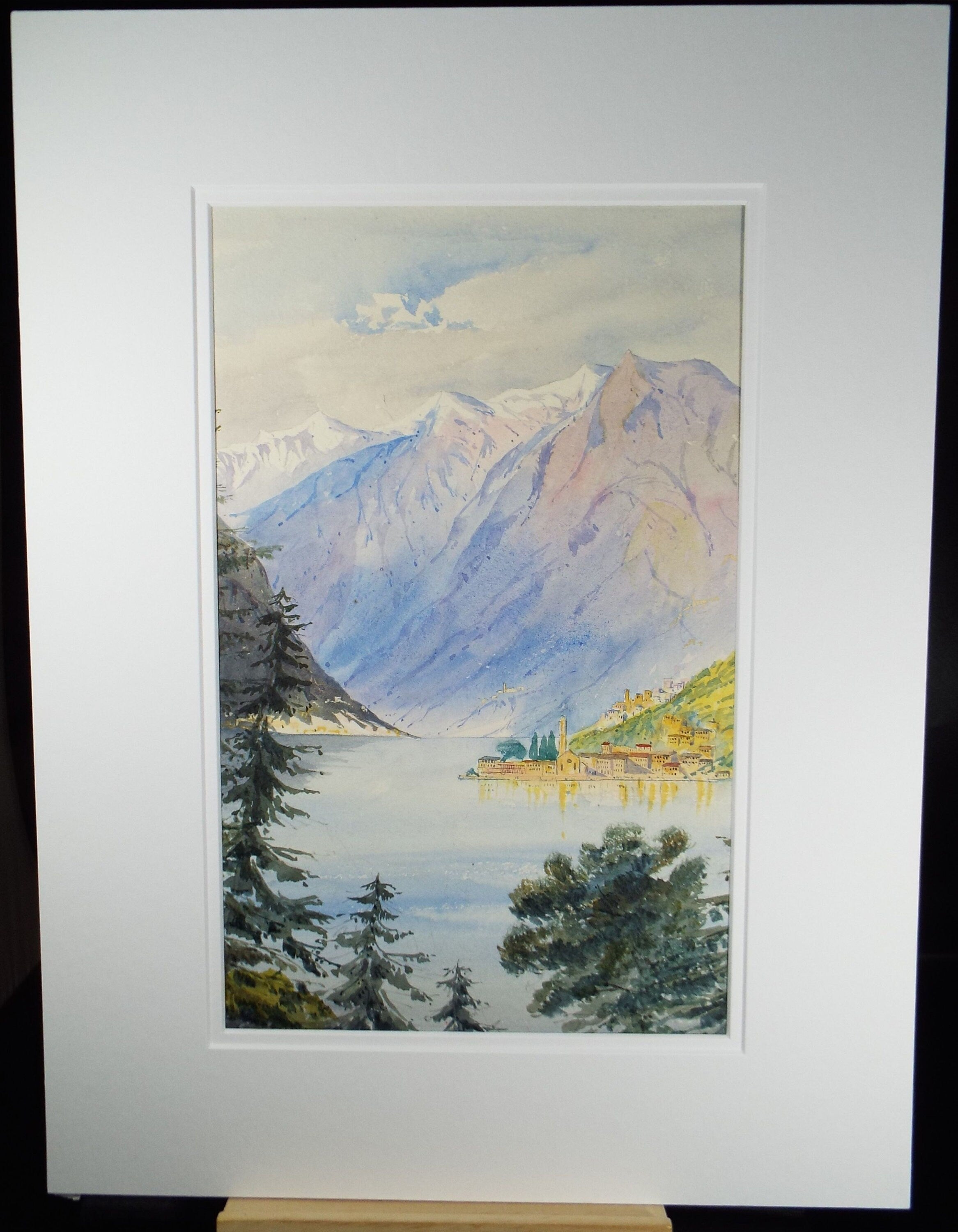 Original Watercolour, late 19th Century , 'Lakeside Town with Alpine View ', Artist Unknown