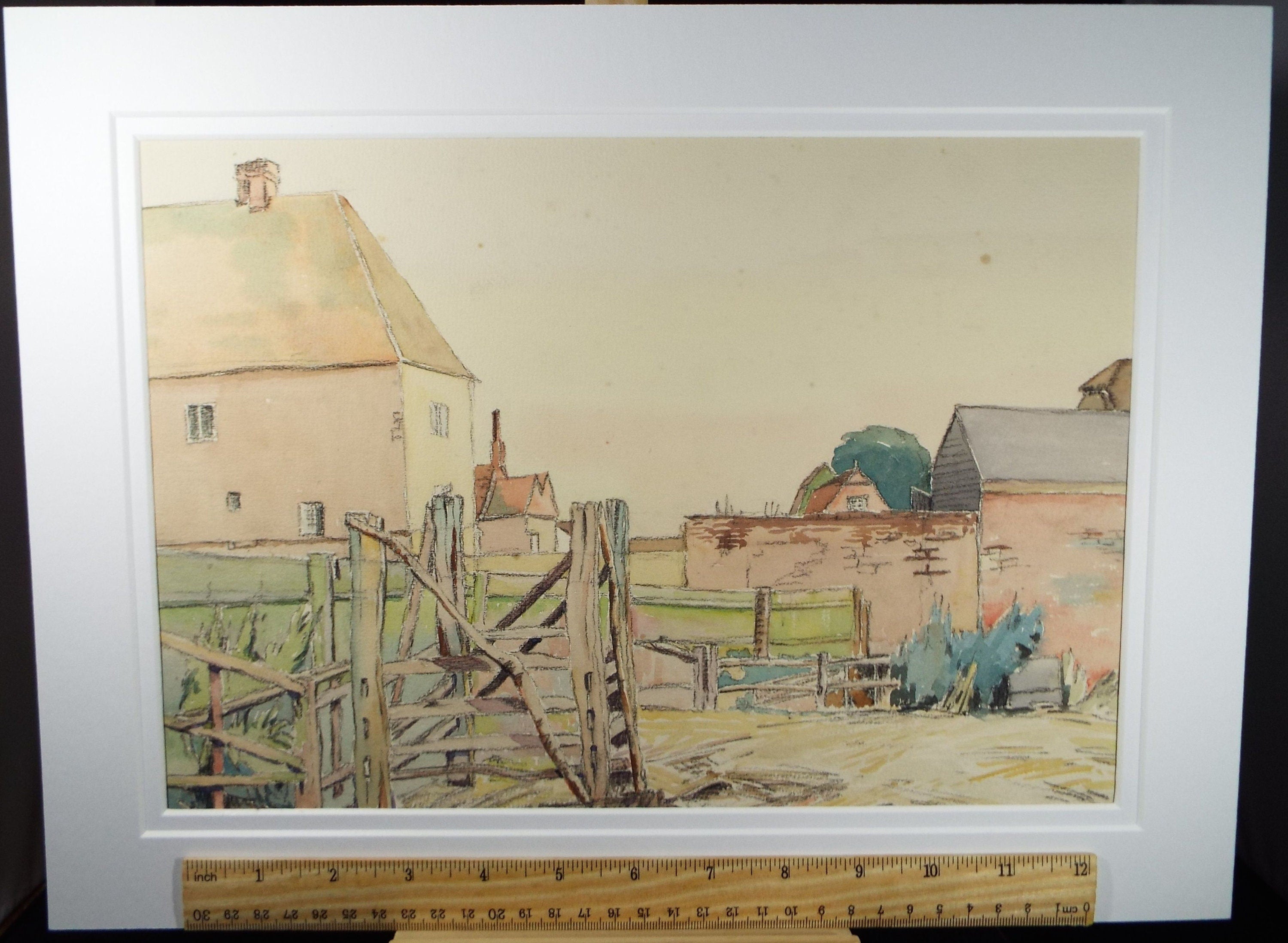 Original Charcoal & Watercolour, 'Farm Buildings', Circa 1930's , Frank Harold Read FRPS (1881-1960)