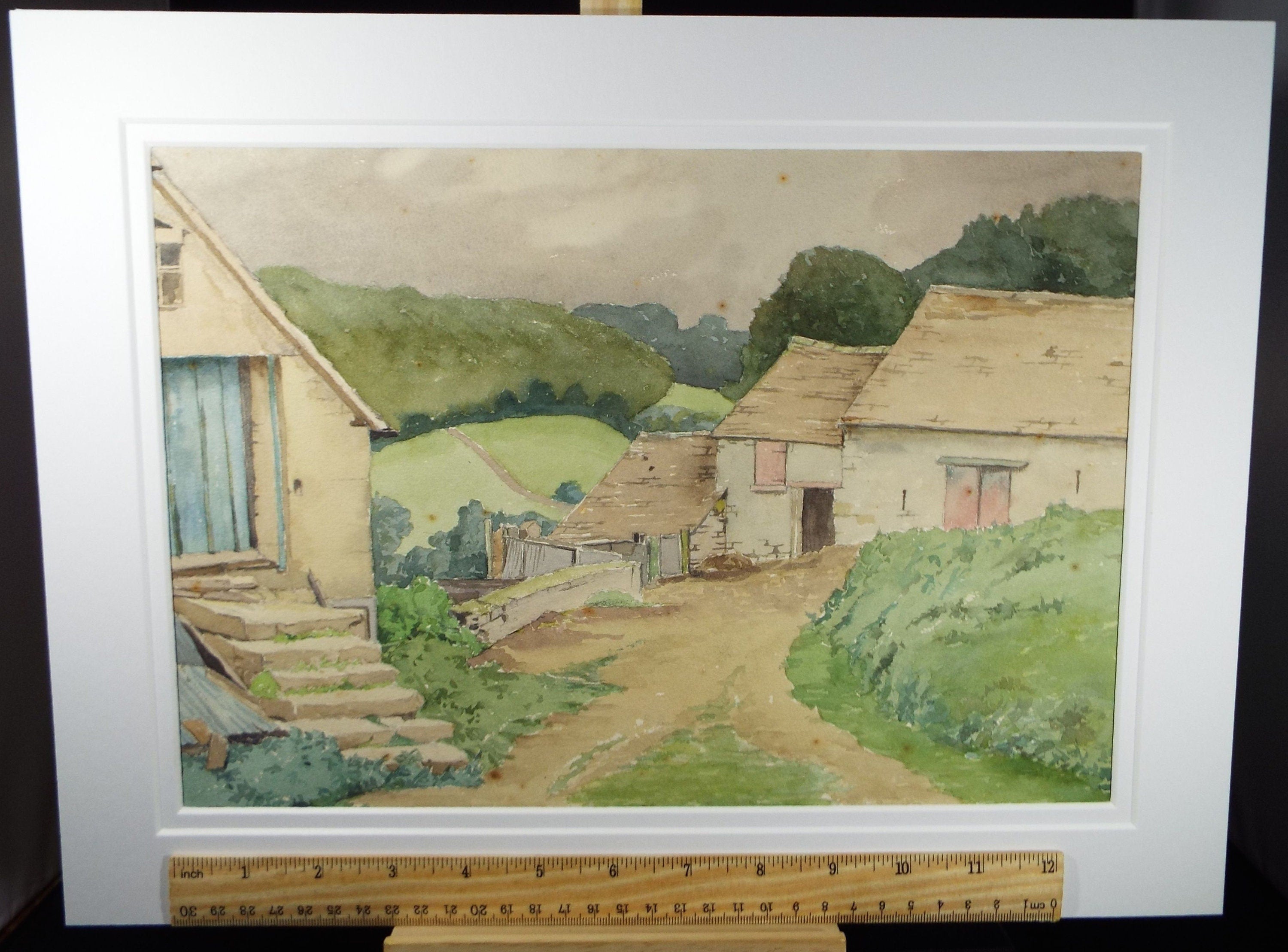 Original Charcoal & Watercolour, 'Farm Buildings', Circa 1930's , Frank Harold Read FRPS (1881-1960)