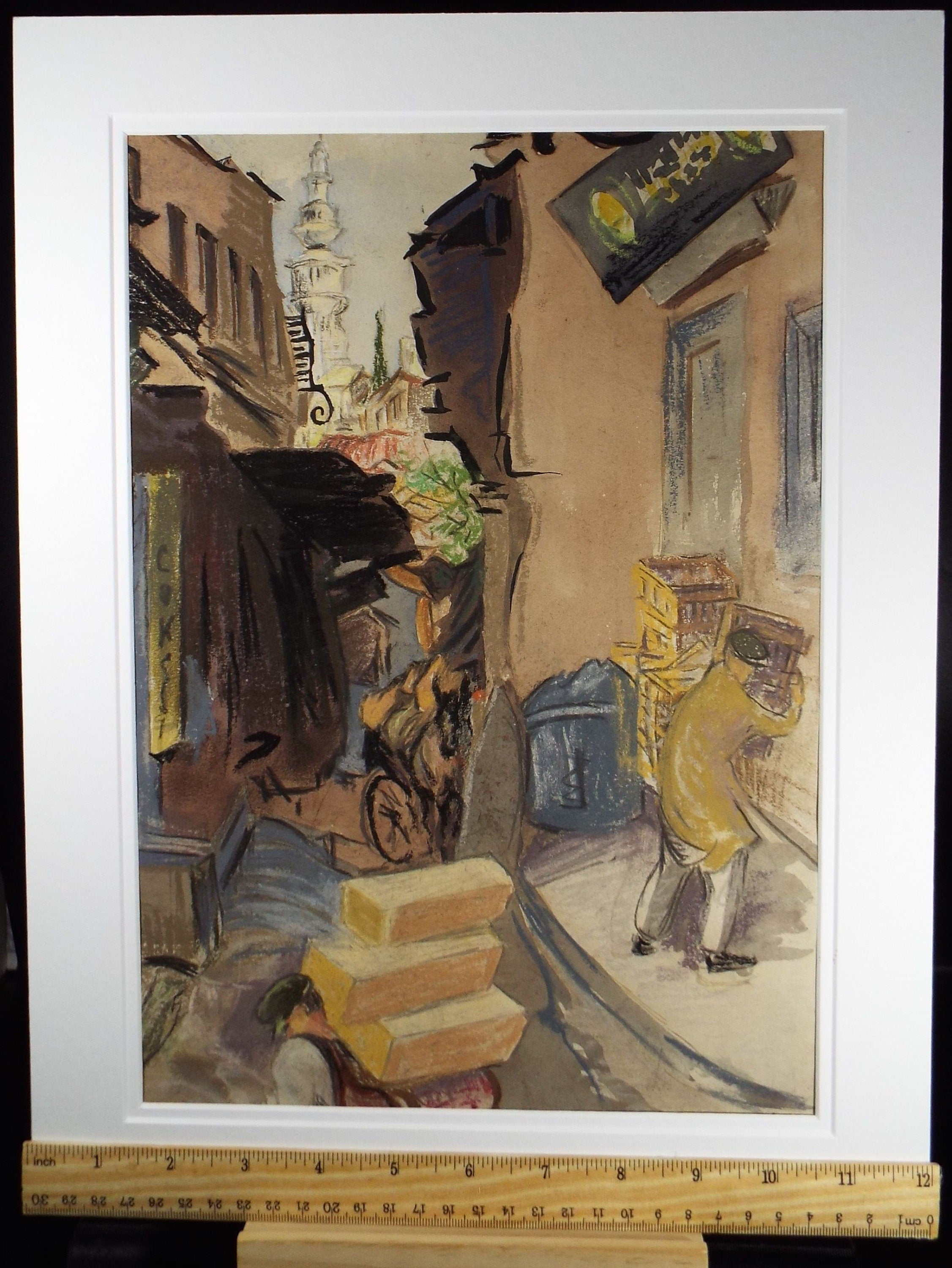 Original Pastel, 'Figures unloading goods', c1950's, Ivy T. Attwell (20th Century, British)