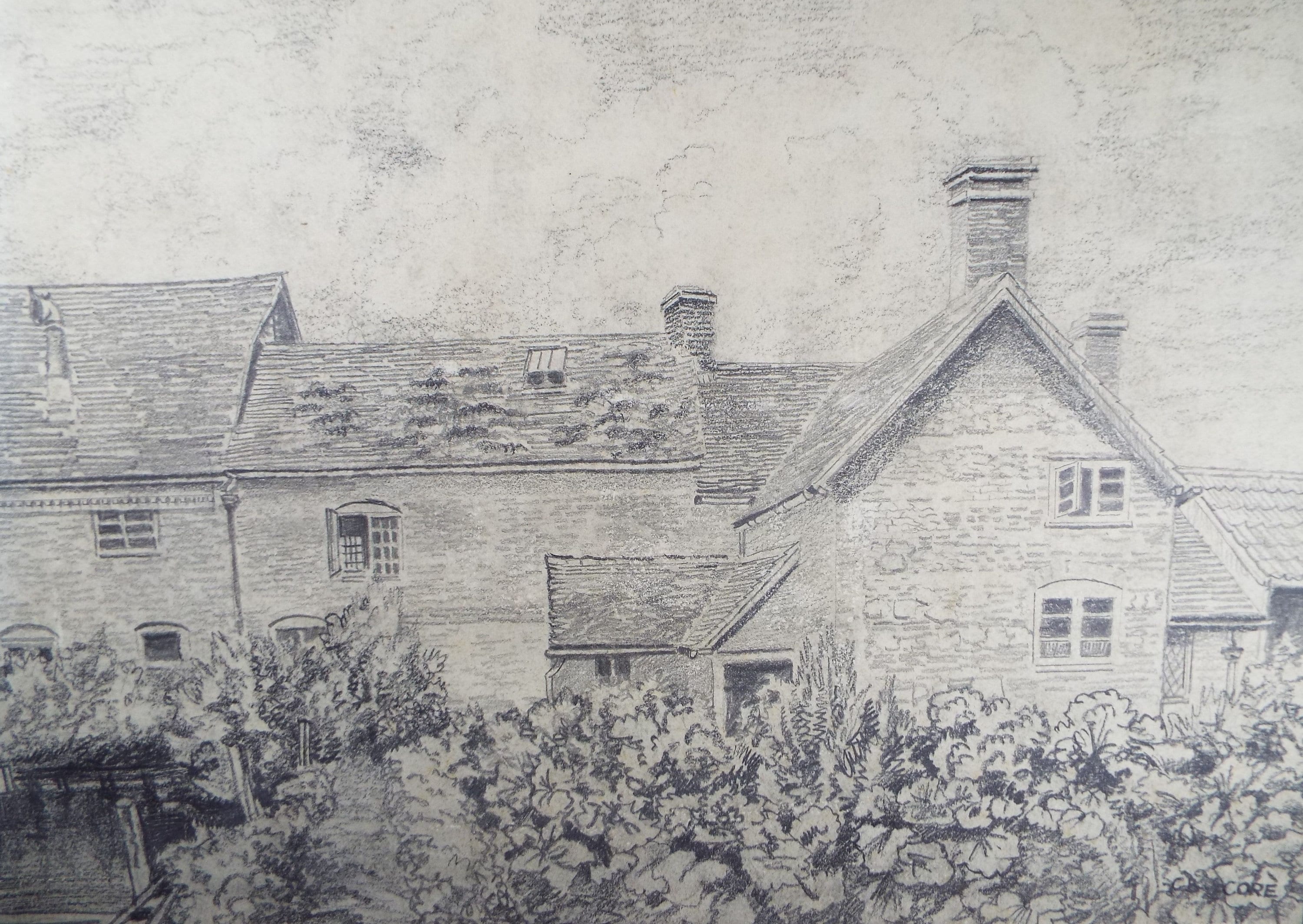 Original Pencil Drawing, 'Back of the Mill', Circa 1930's, Charles Browne Core (1860-1947)