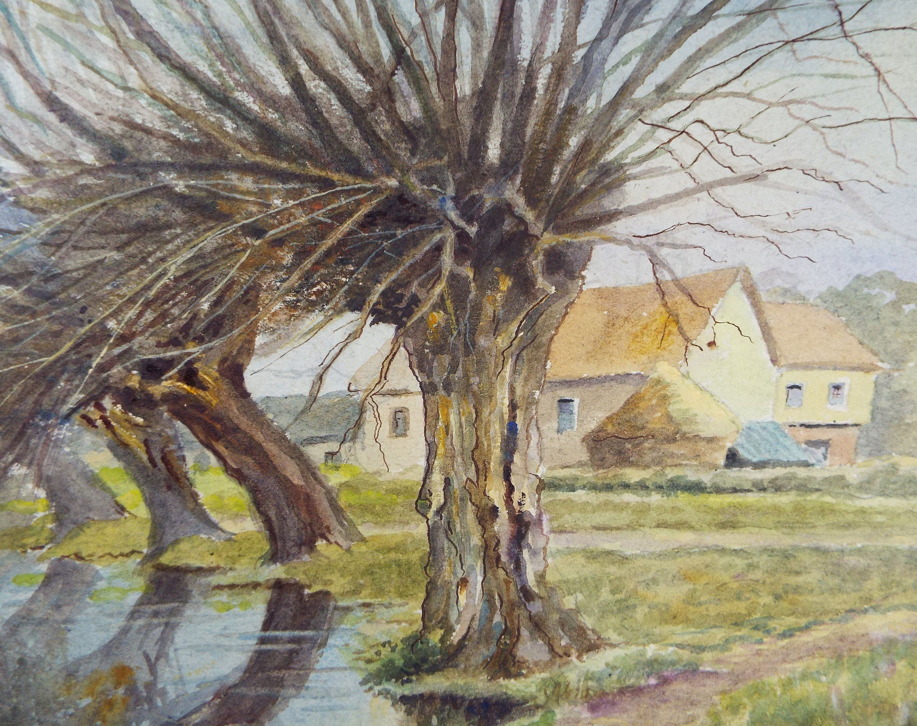 Original Watercolour & Gouache, 'Village Farmhouse with Willows', Circa 1930's, Charles Browne Core (1860-1947)