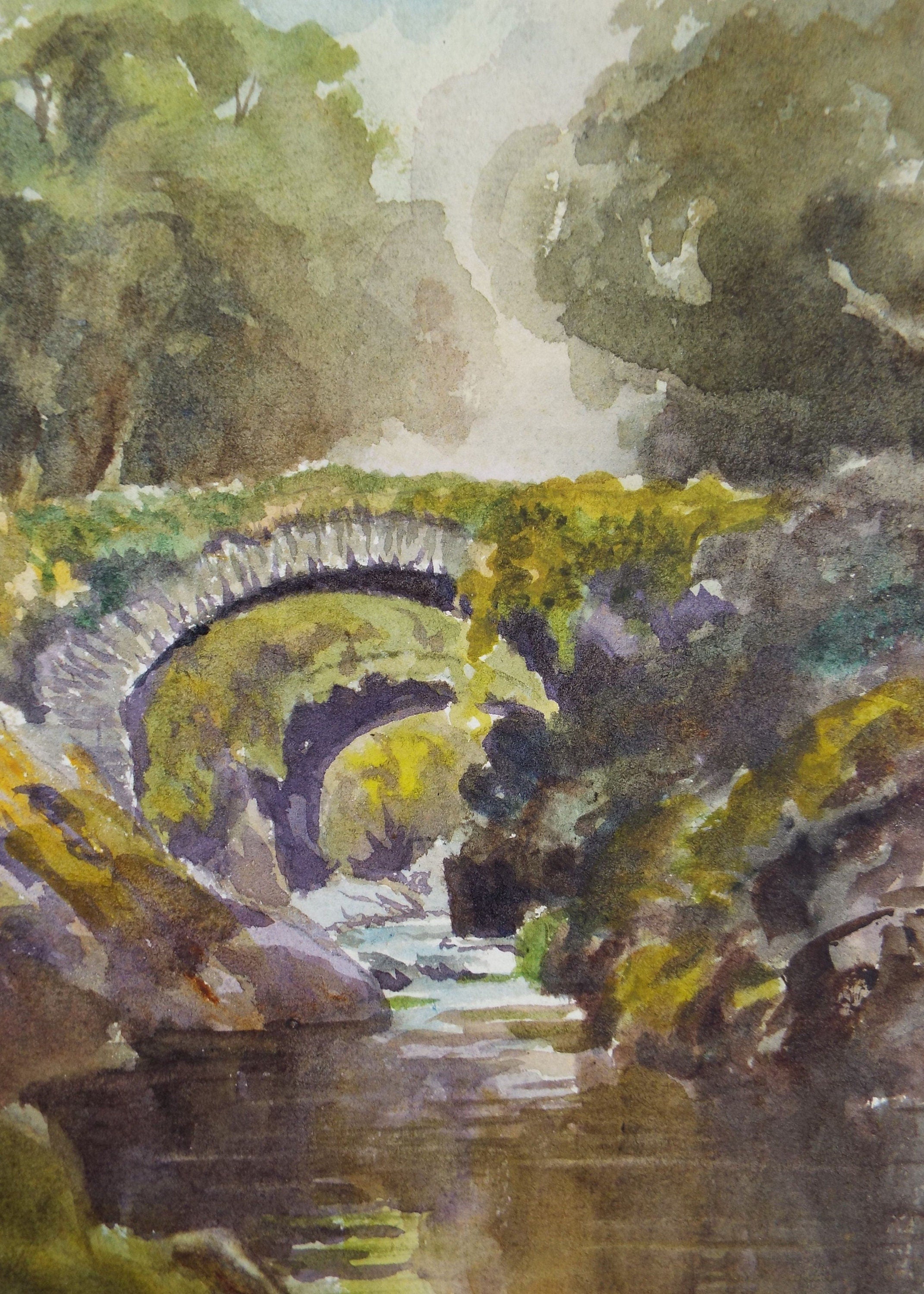 Original Watercolour, 'Stone Bridge Over the River', c1940, Unknown Artist