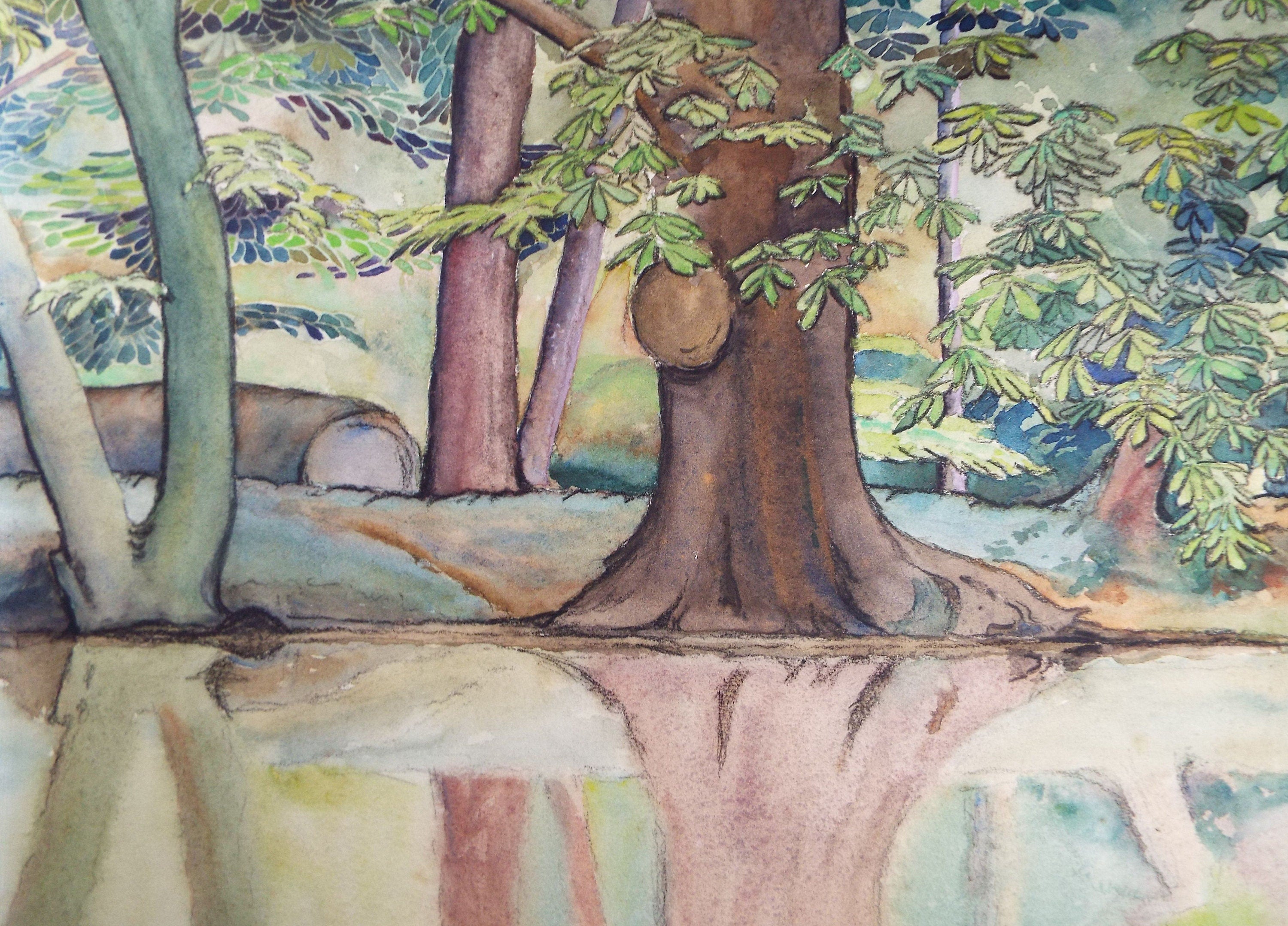 Original Charcoal & Watercolour, 'Mere with Trees', Circa 1930's , Frank Harold Read FRPS (1881-1960)